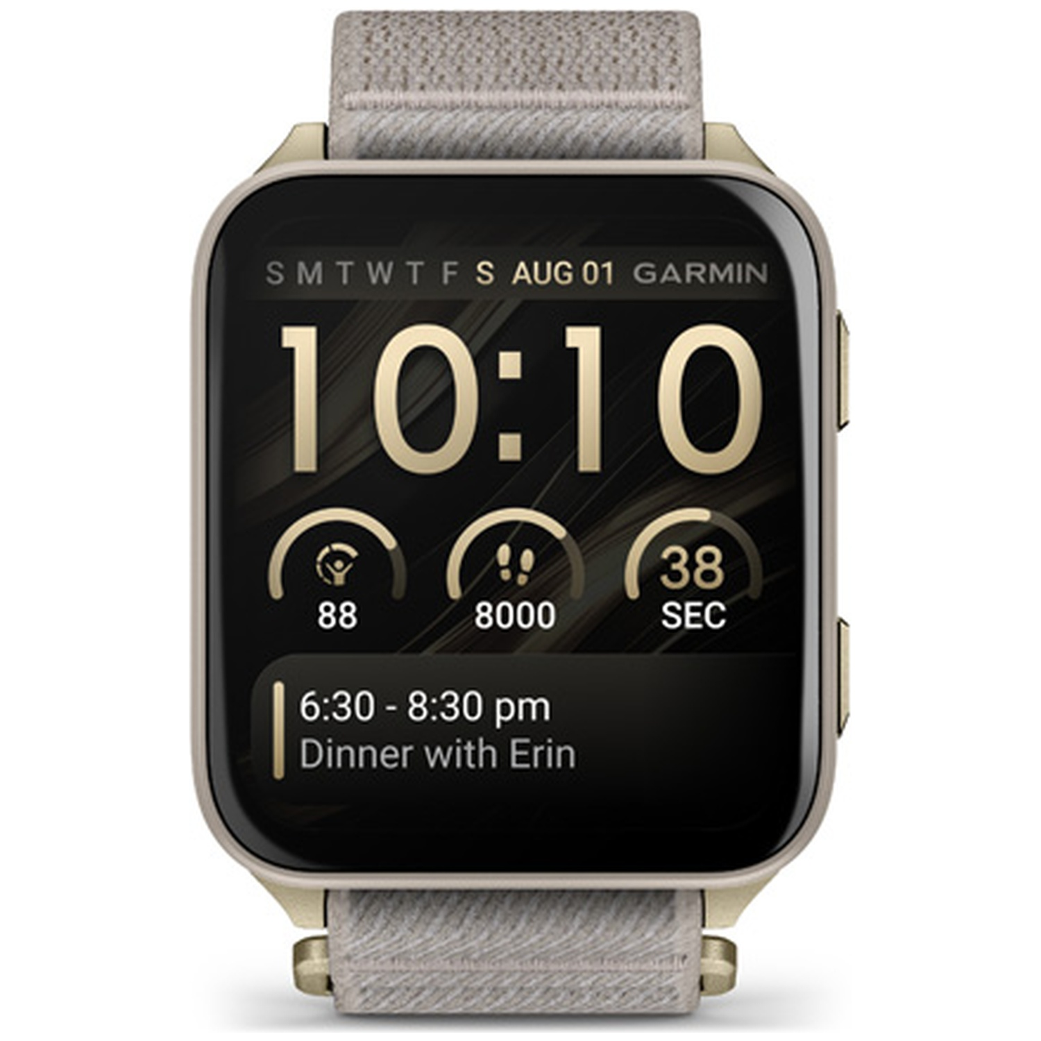 Een gouden smartwatch met grijze stoffen band toont 10:10, 88 stappen, 8000 stappen en 38 seconden.