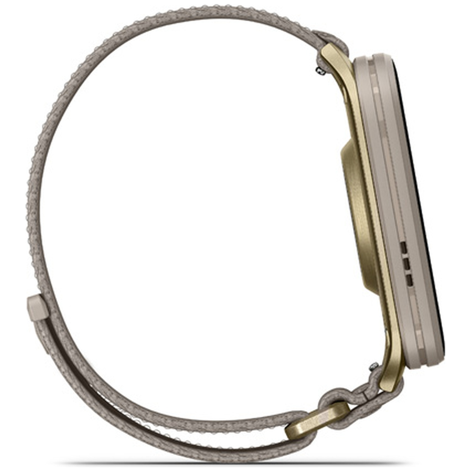Gouden smartwatch met grijze stoffen band en gespsluiting.