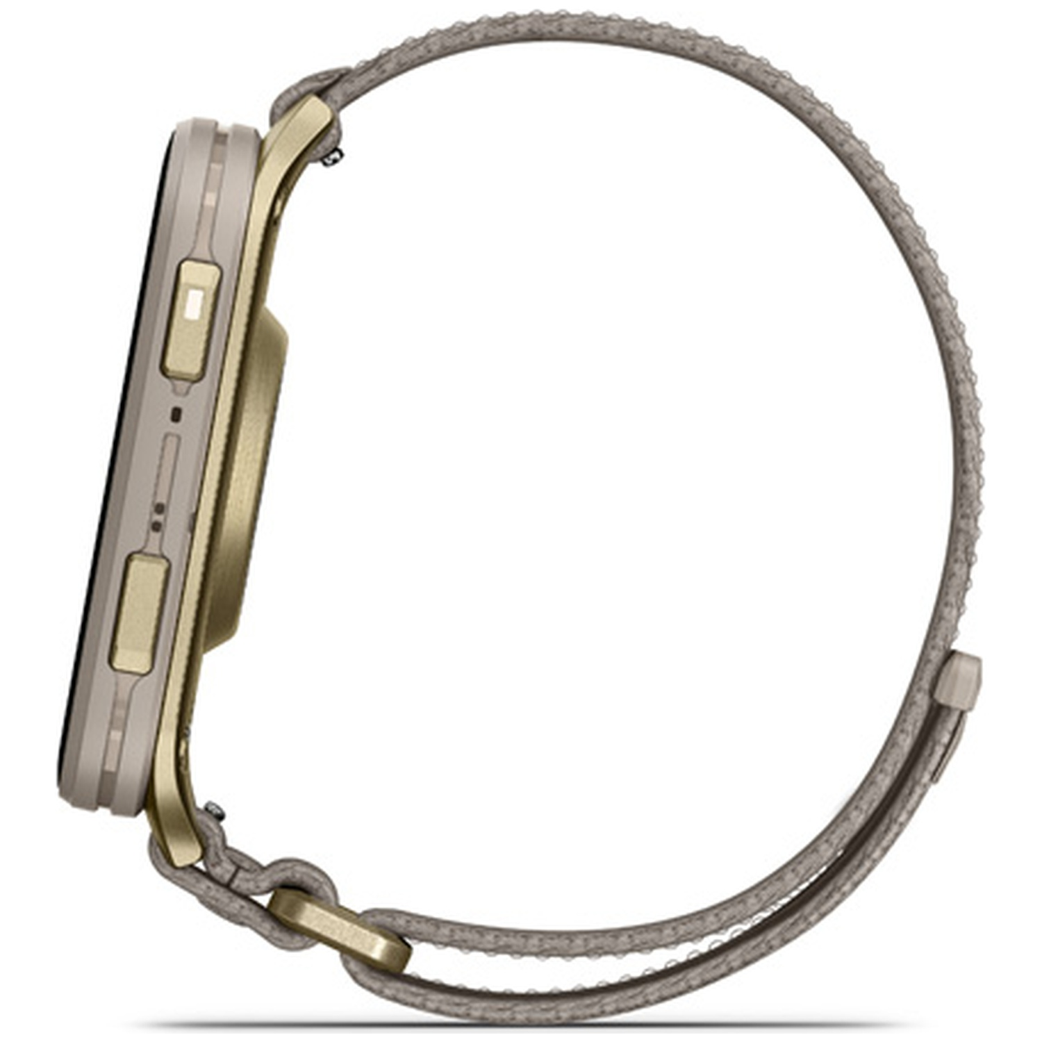 Gouden smartwatch met grijze band, zij-aanzicht.