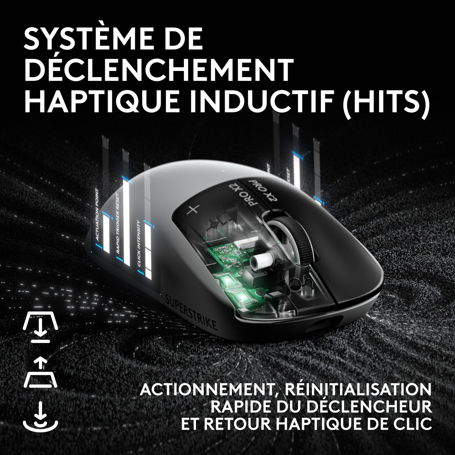 Souris gaming avec boîtier ouvert, montrant l'électronique interne et le logo Superstrike.