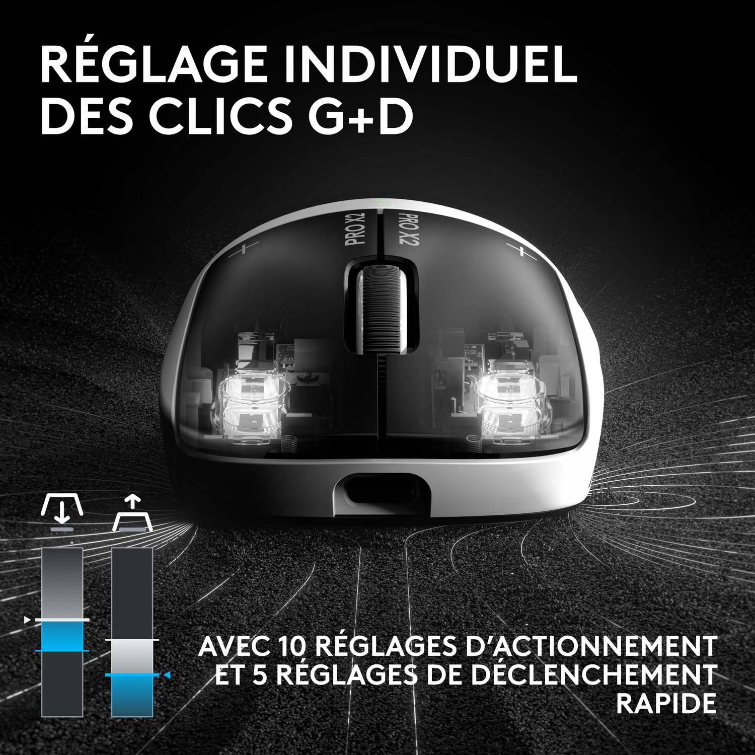 Image détaillée d'une souris gaming montrant les réglages des clics et gâchettes.