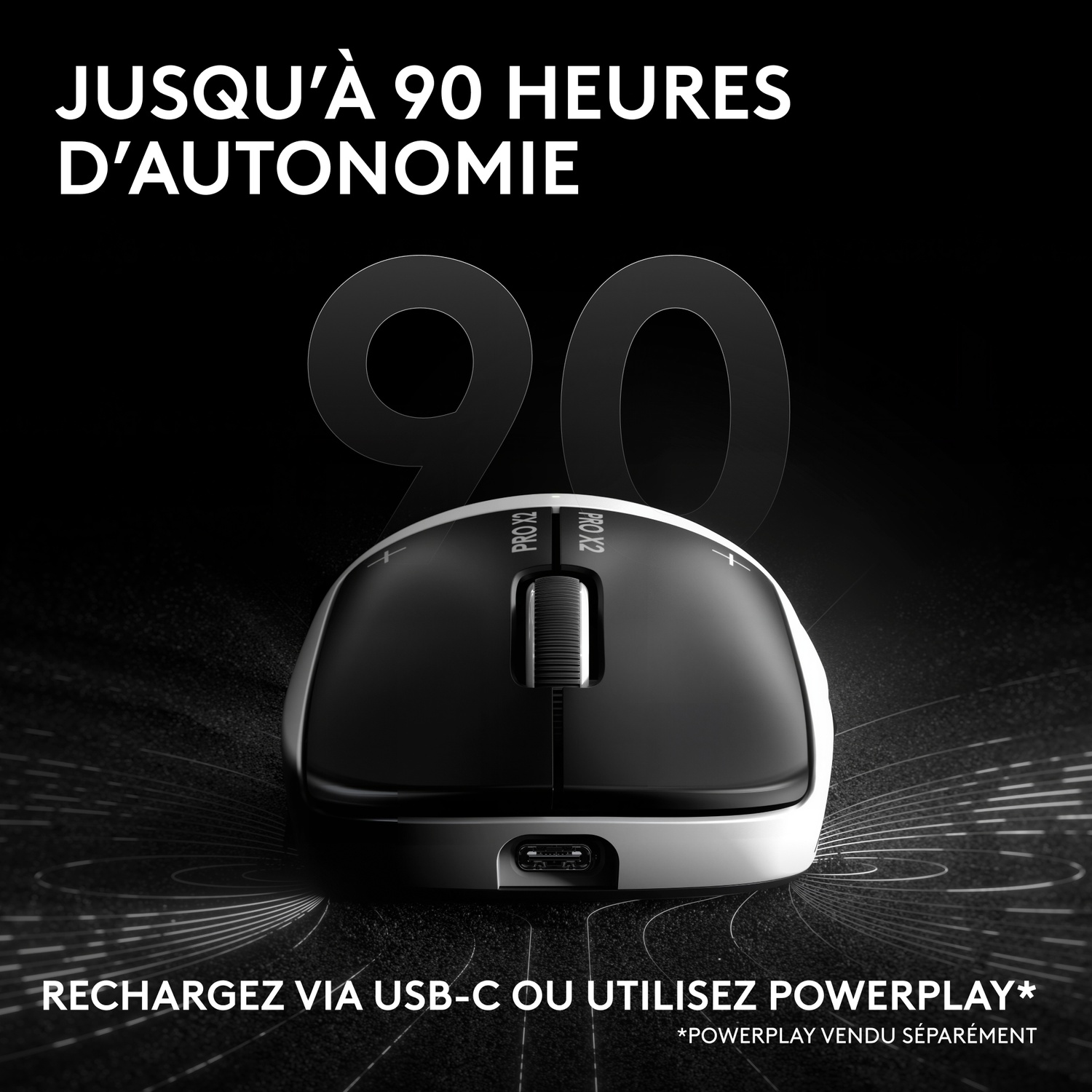 Souris noire avec port USB-C, offrant jusqu'à 90 heures d'autonomie.