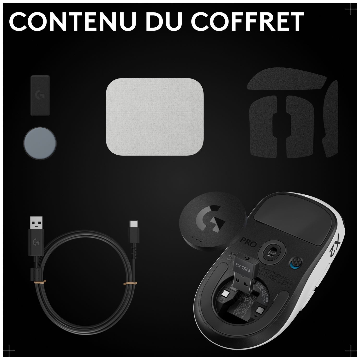 Accessoires souris Logitech : dongle USB, câble, grip, souris.