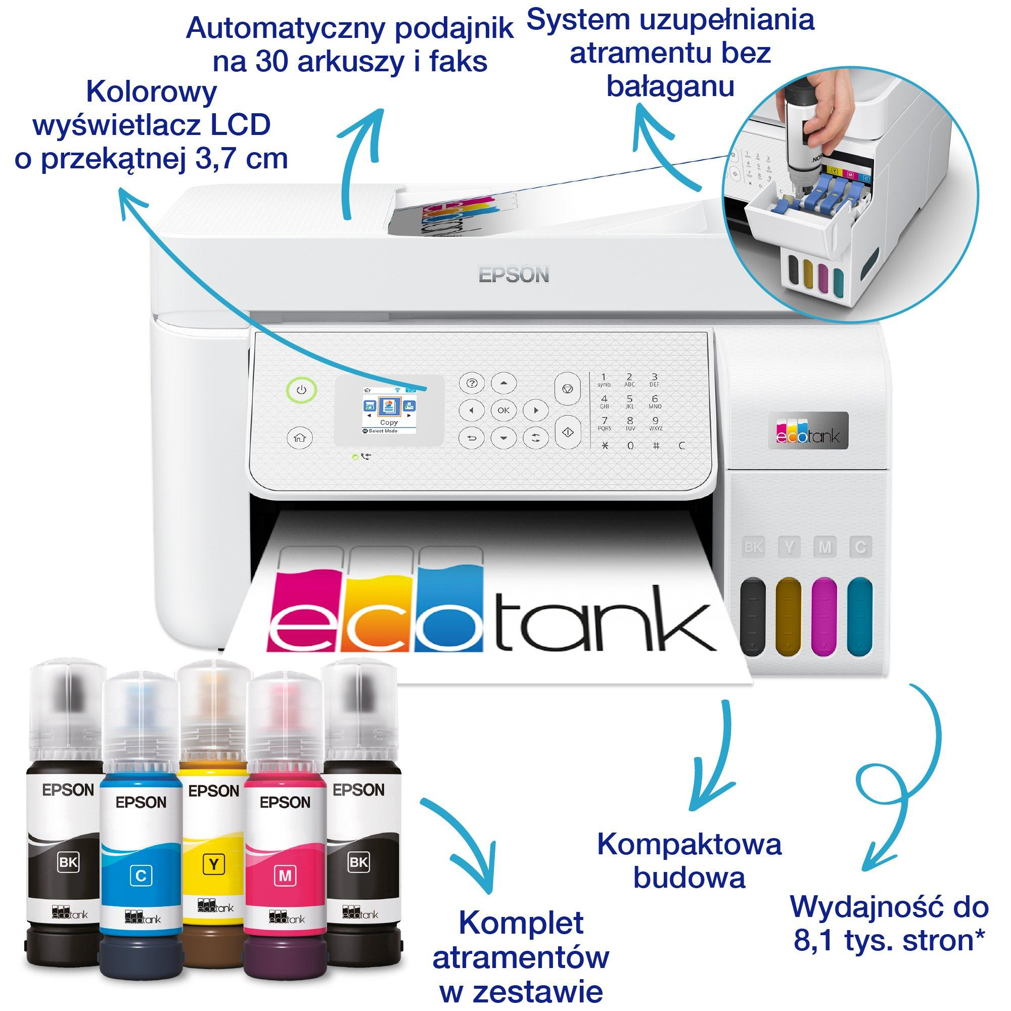 Biała drukarka Epson EcoTank z butelkami z atramentem i panelem sterowania.