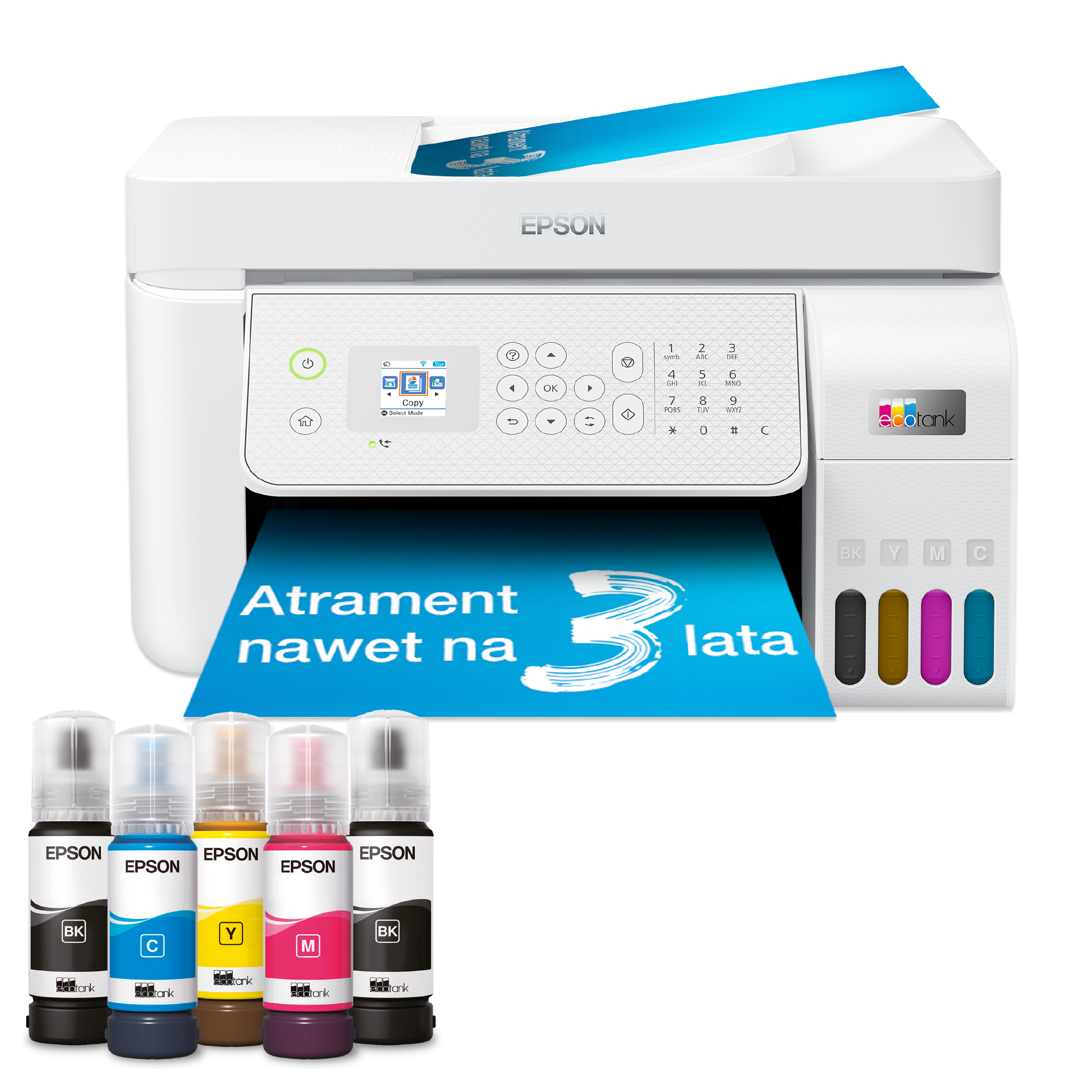 Biała drukarka Epson EcoTank z butelkami tuszu czarnego, cyjan, żółtego i magenta.