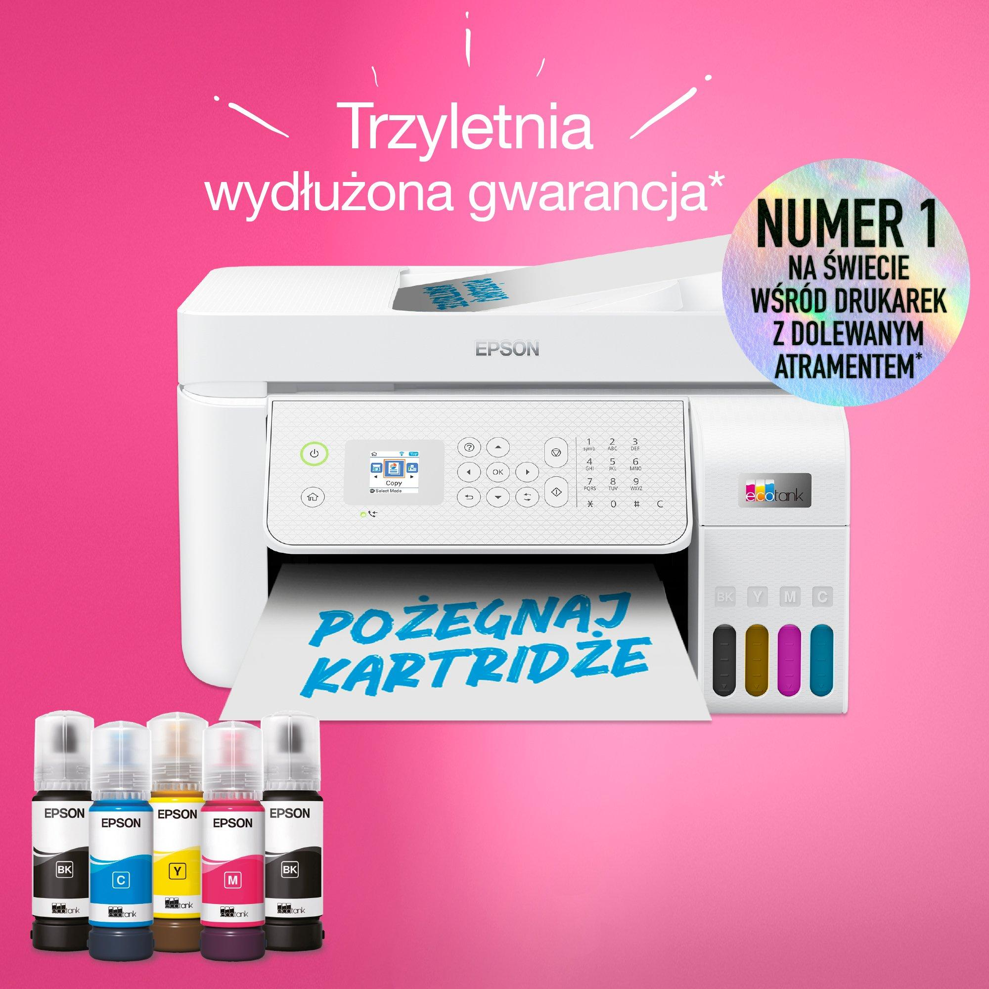 Drukarka Epson EcoTank z butelkami tuszu czarnego, cyjan, żółtego i magenta.