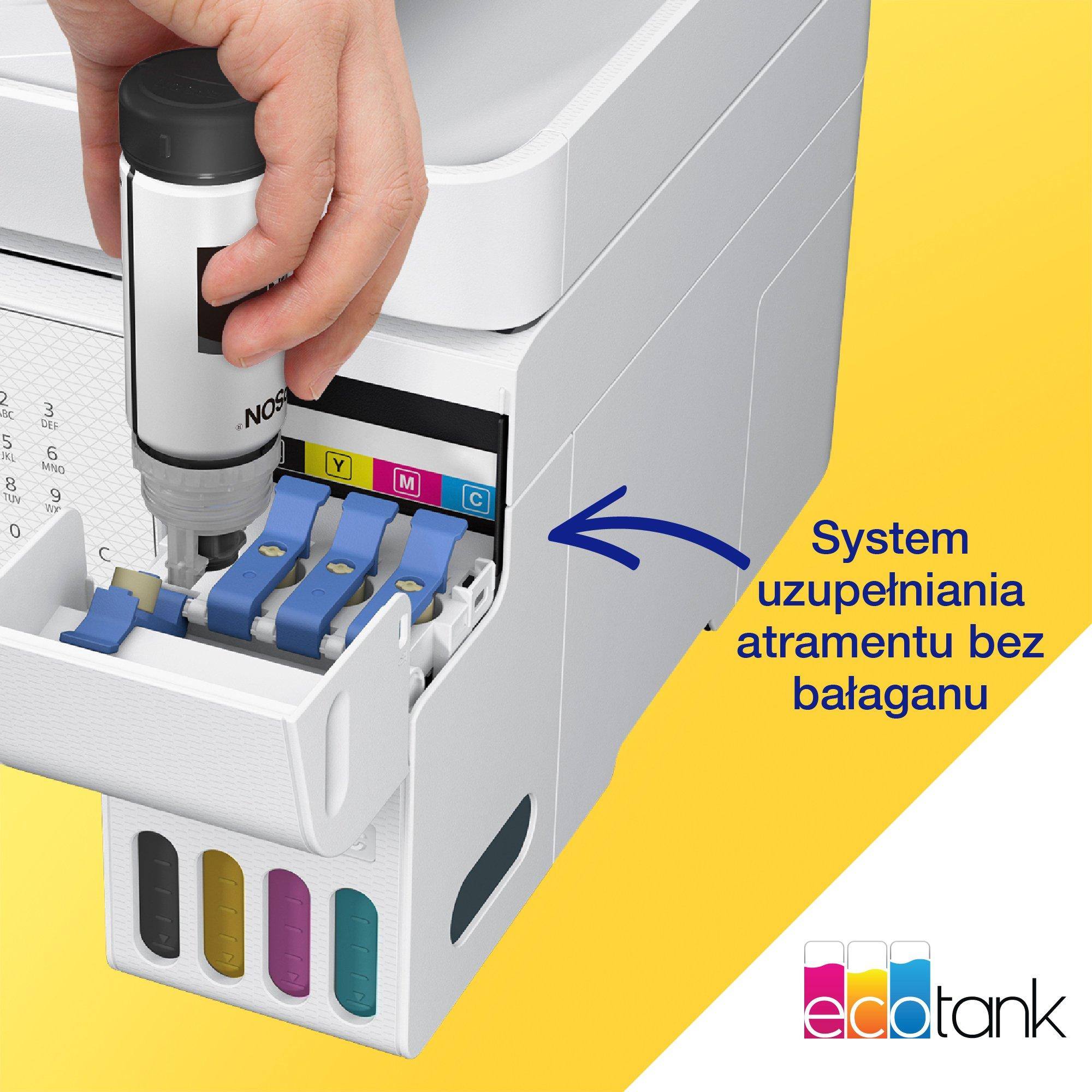 Ręka uzupełnia tusz. Drukarka z logo EcoTank.