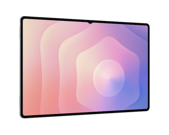 Srebrny tablet z kolorowym, abstrakcyjnym tłem na ekranie.