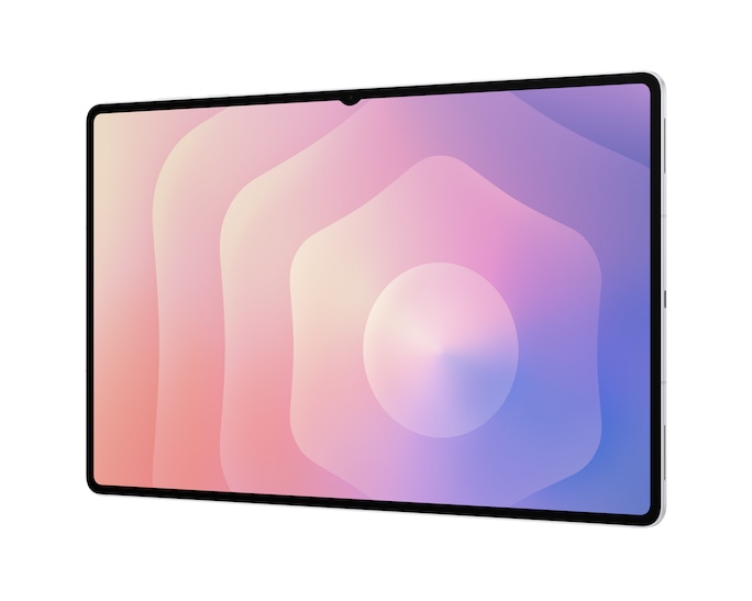 Tablet z kolorową tapetą przedstawiającą miękkie, nakładające się kształty w kolorach różu i fioletu.