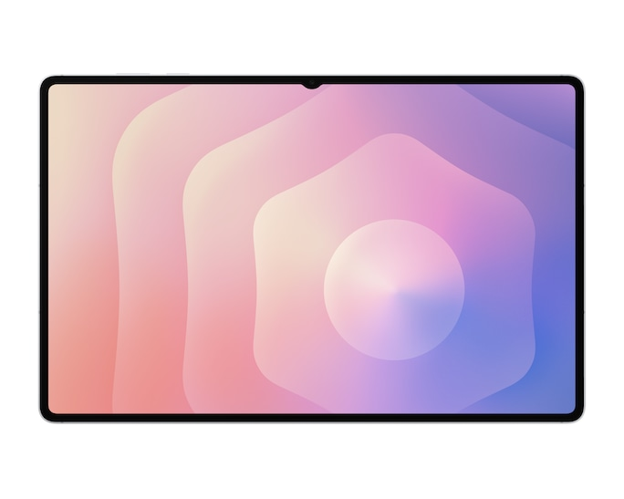 Tablet z abstrakcyjną, kolorową tapetą z falistymi wzorami.