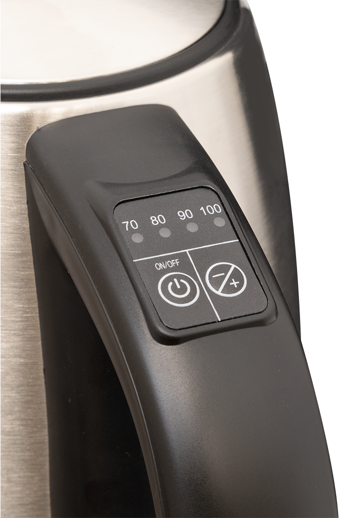 Zbliżenie uchwytu czajnika z przyciskami sterowania i wskaźnikami temperatury.