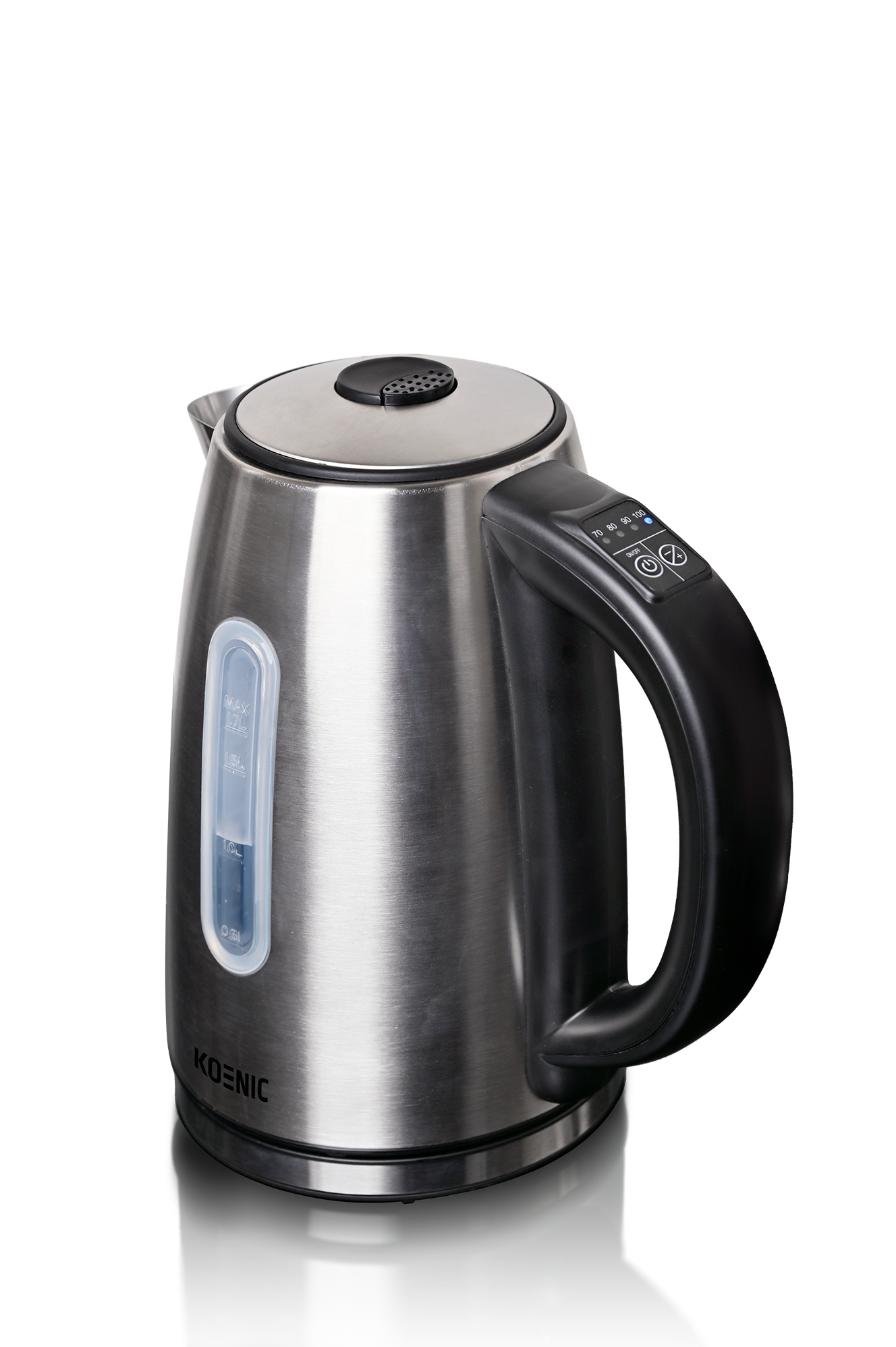 Srebrny czajnik elektryczny z czarnym uchwytem i wskaźnikiem temp.