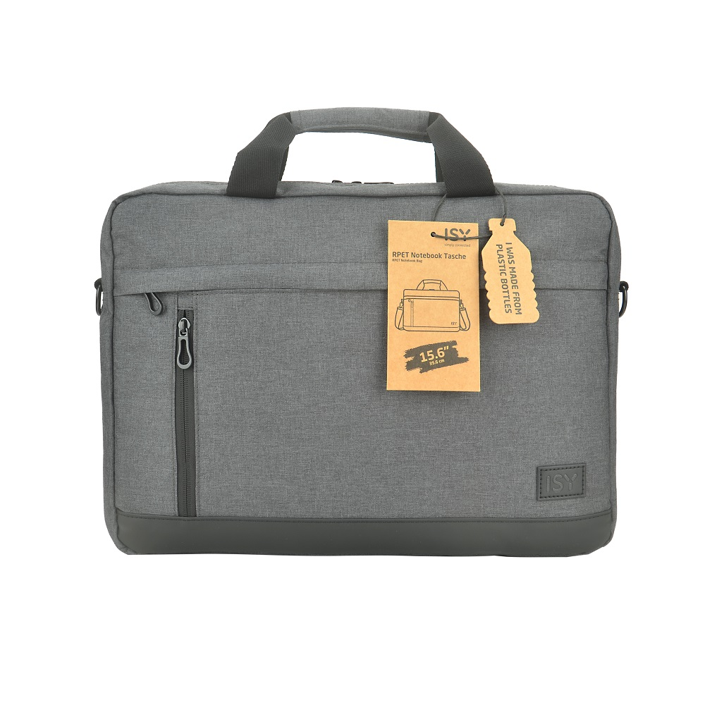 Szara torba na laptopa z uchwytem, kieszenią na zamek i metką.