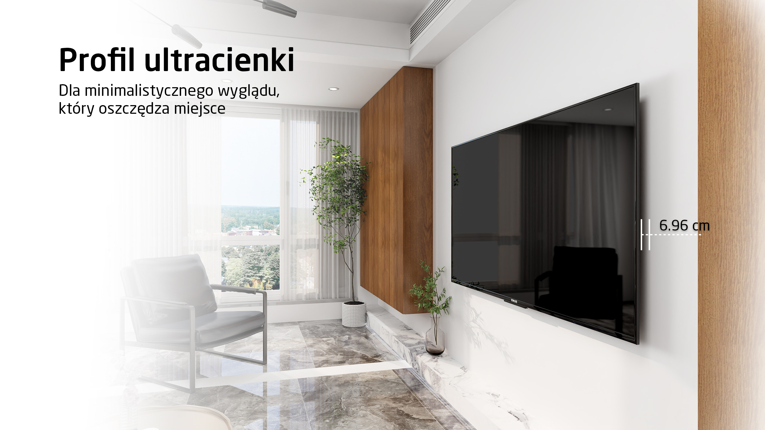 Nowoczesny salon z płaskim czarnym telewizorem na białej ścianie.