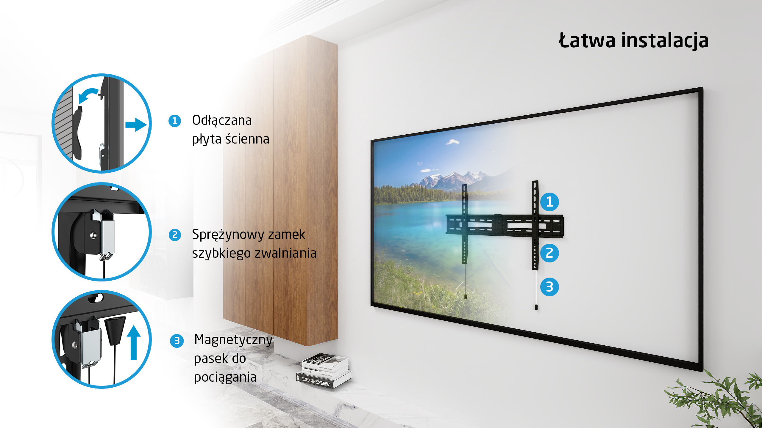 Instrukcja montażu uchwytu TV na ścianie krok po kroku. Pokazuje trzy cechy.