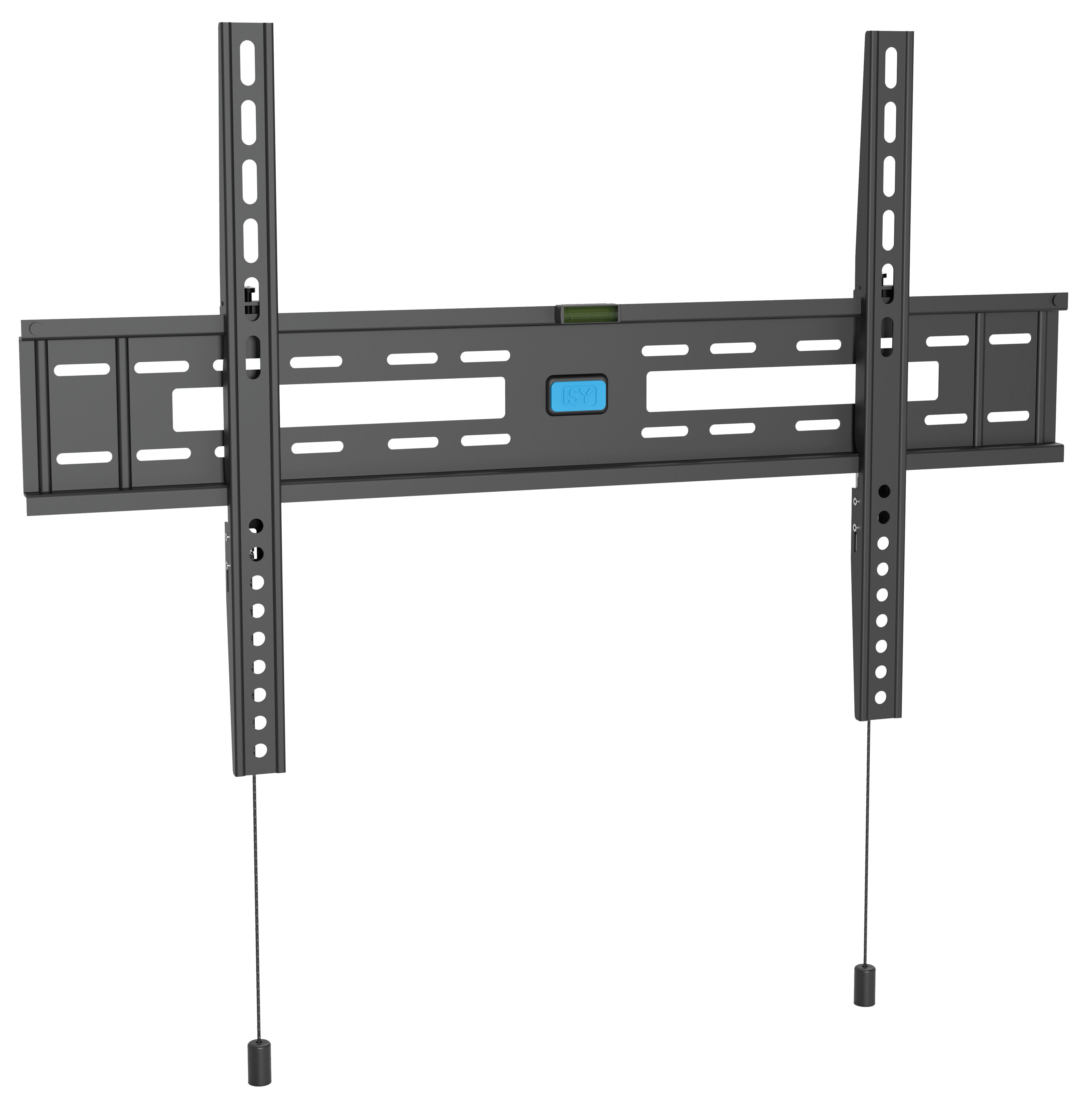 Czarny uchwyt ścienny do telewizora z poziomicą i niebieskim przyciskiem.