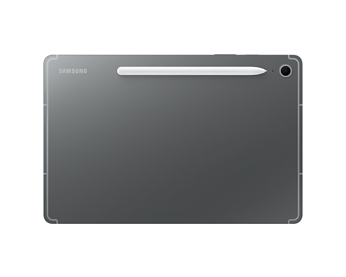 Ciemnoszary tablet Samsung ze stylusem. Widok z tyłu z aparatem i logo Samsung.