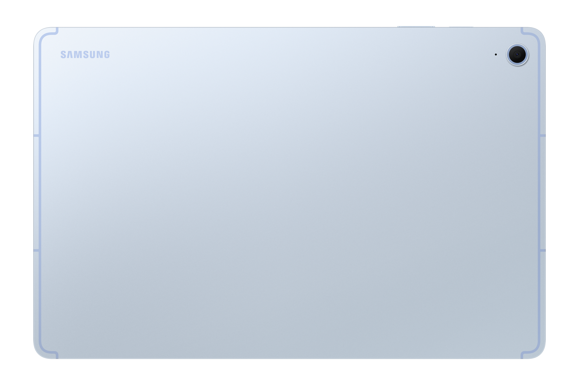Tył jasnoniebieskiego tabletu Samsung z obiektywem aparatu w prawym górnym rogu.