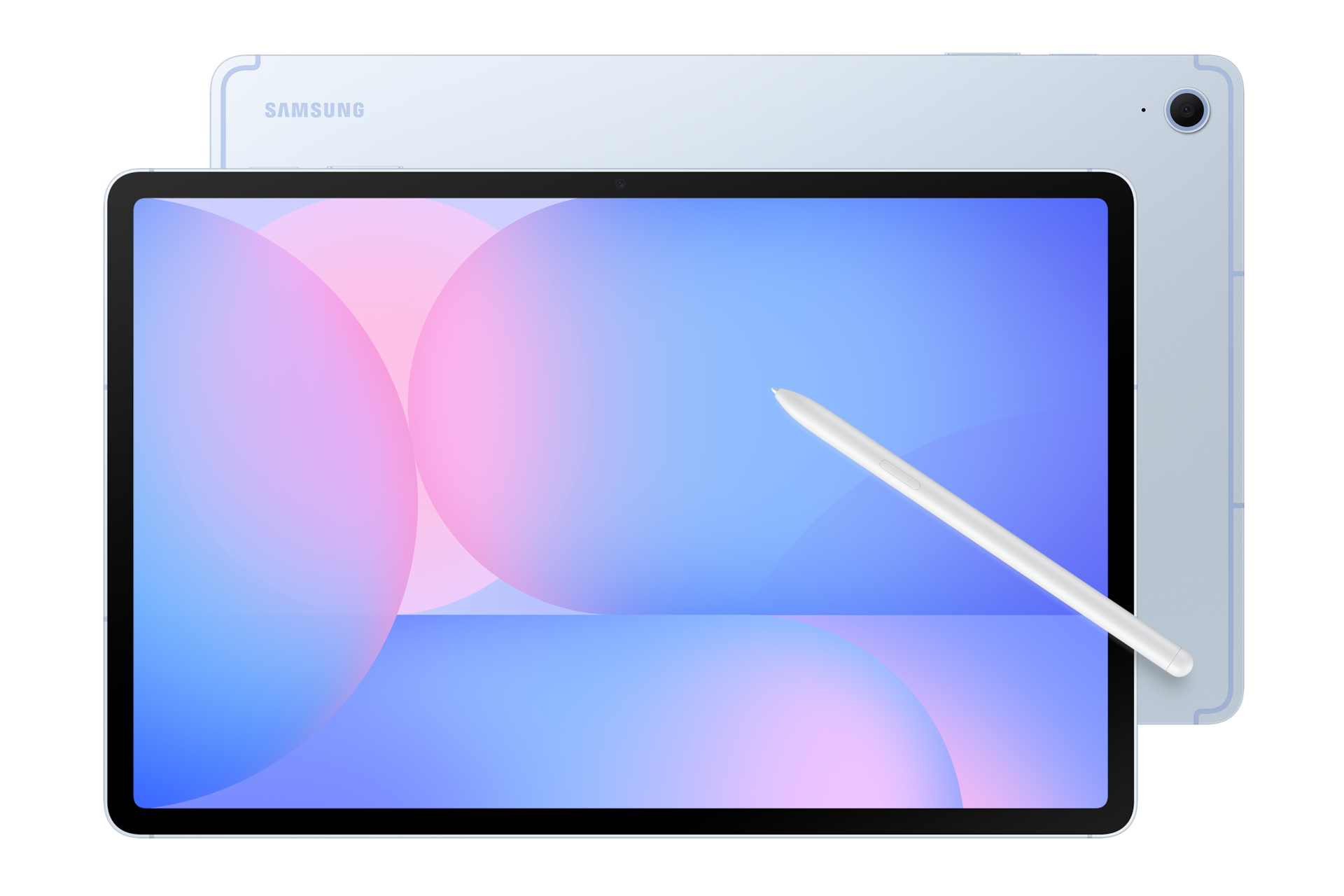 Jasnoniebieski tablet Samsung z białym rysikiem leży na czarnym tle.