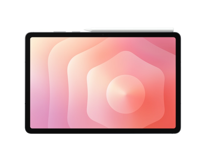 Tablet z abstrakcyjnym, stylizowanym tłem w odcieniach różu i pomarańczy.