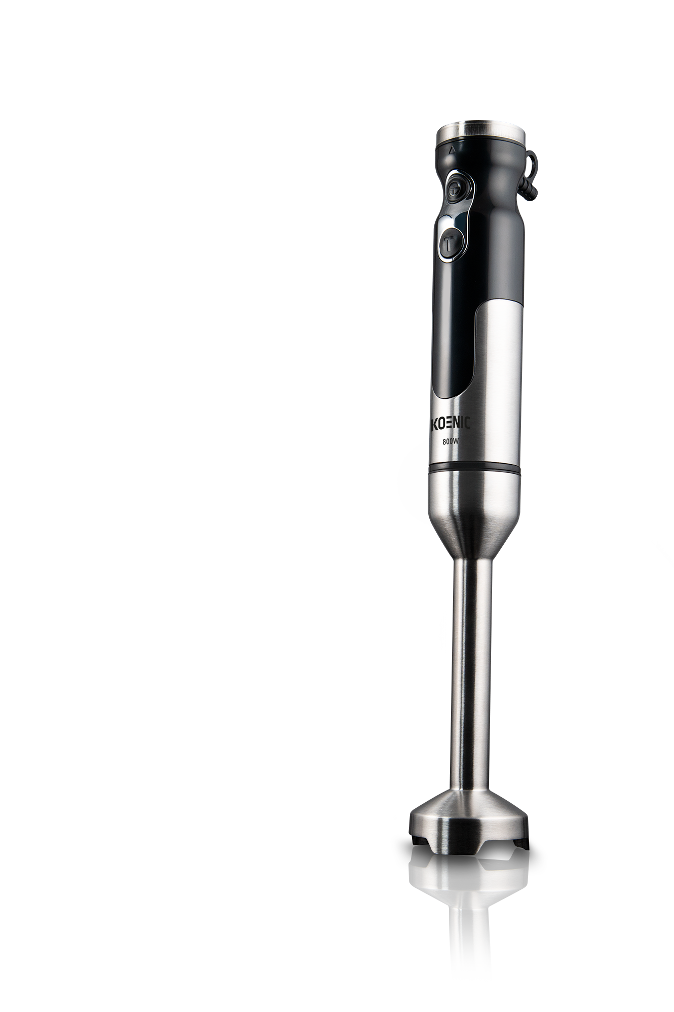 Srebrny i czarny blender ręczny z logo KOENIC na czarnym tle.