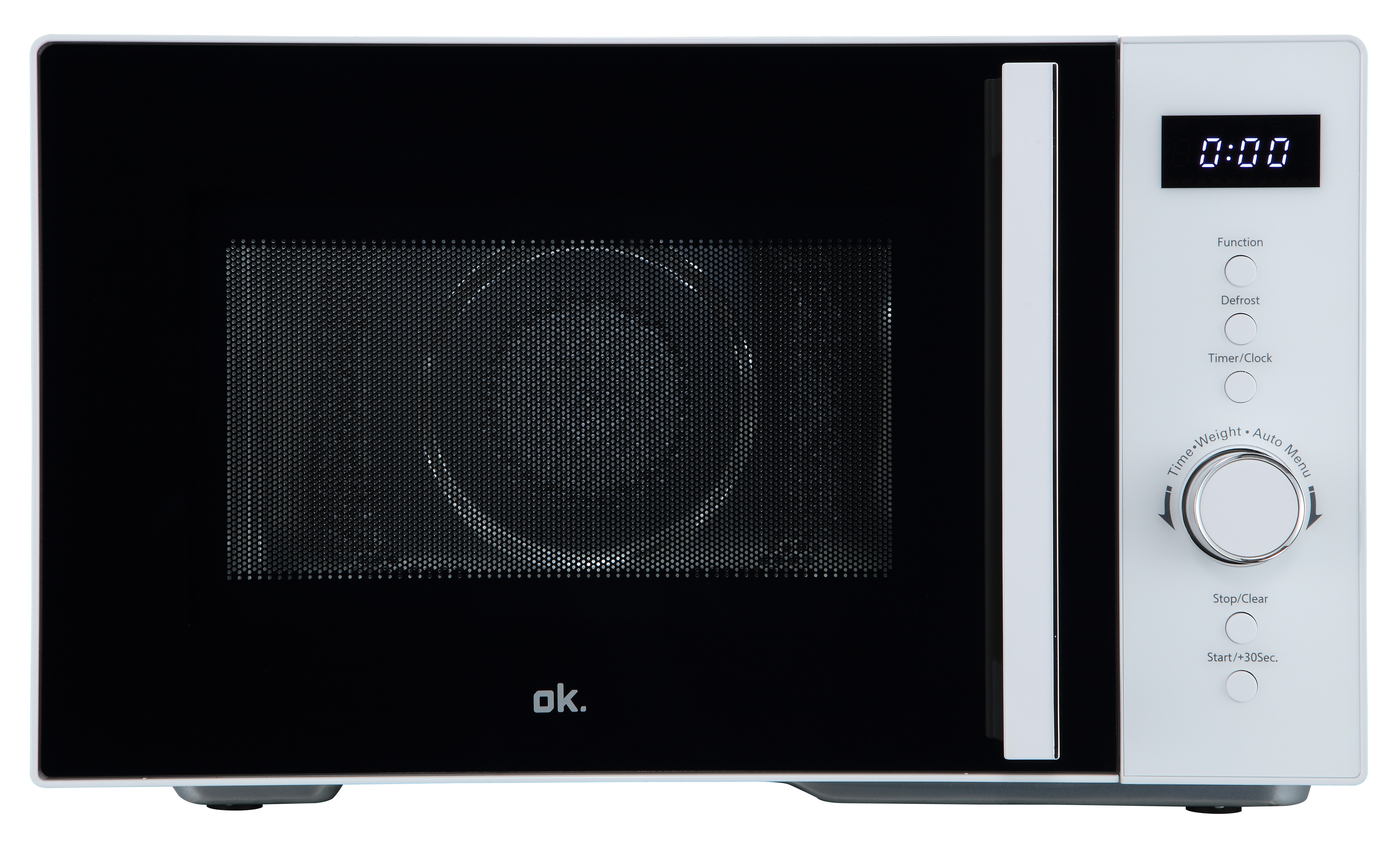 Biała kuchenka mikrofalowa z czarnymi drzwiami i cyfrowym wyświetlaczem.