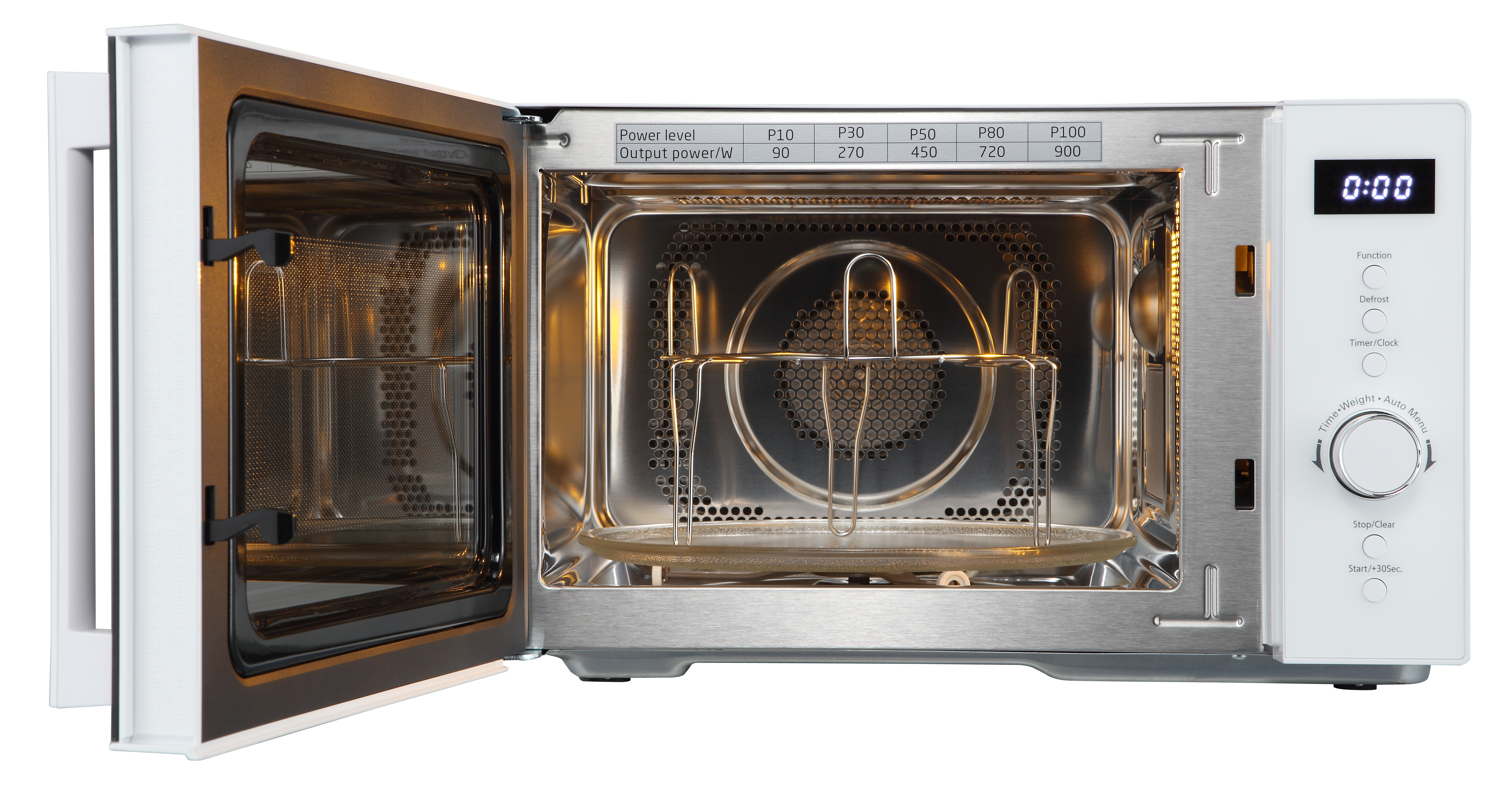 Otwarta kuchenka mikrofalowa ze szklanym talerzem obrotowym i metalowym rusztem.