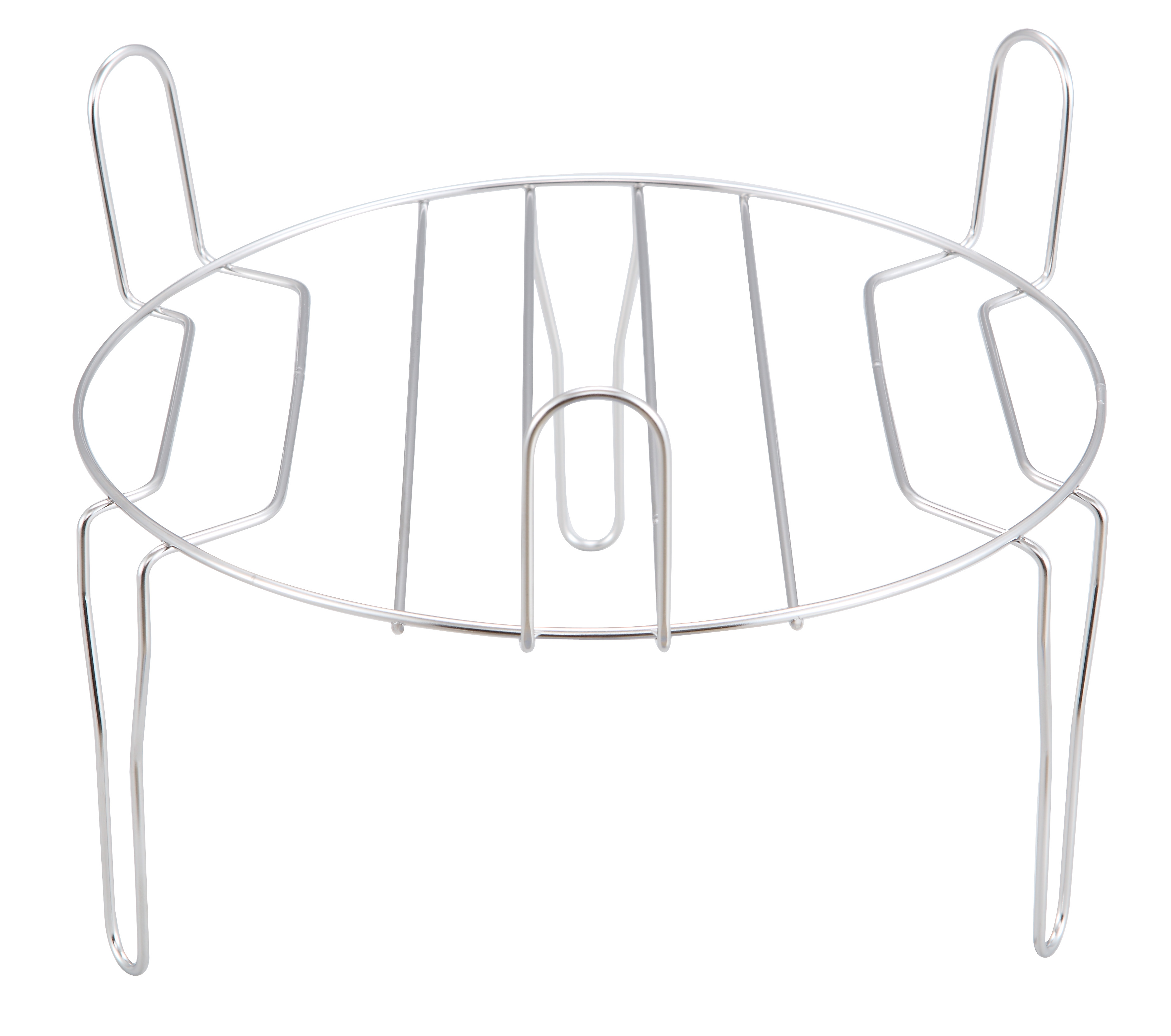 Srebrny metalowy stojak z okrągłymi nogami i wzorem kratki.