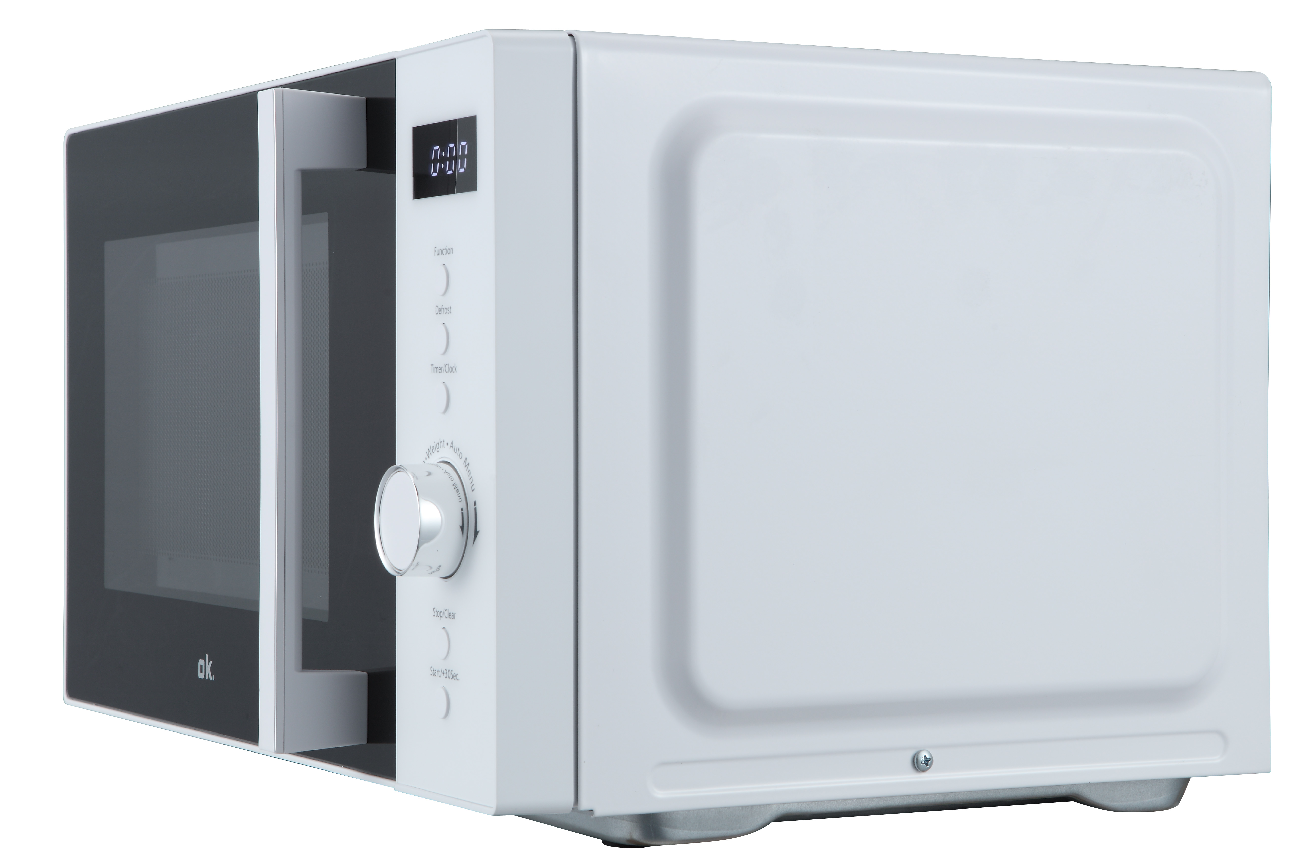 Biała kuchenka mikrofalowa z czarnymi drzwiami i cyfrowym wyświetlaczem. Widoczny pokrętło i przyciski.