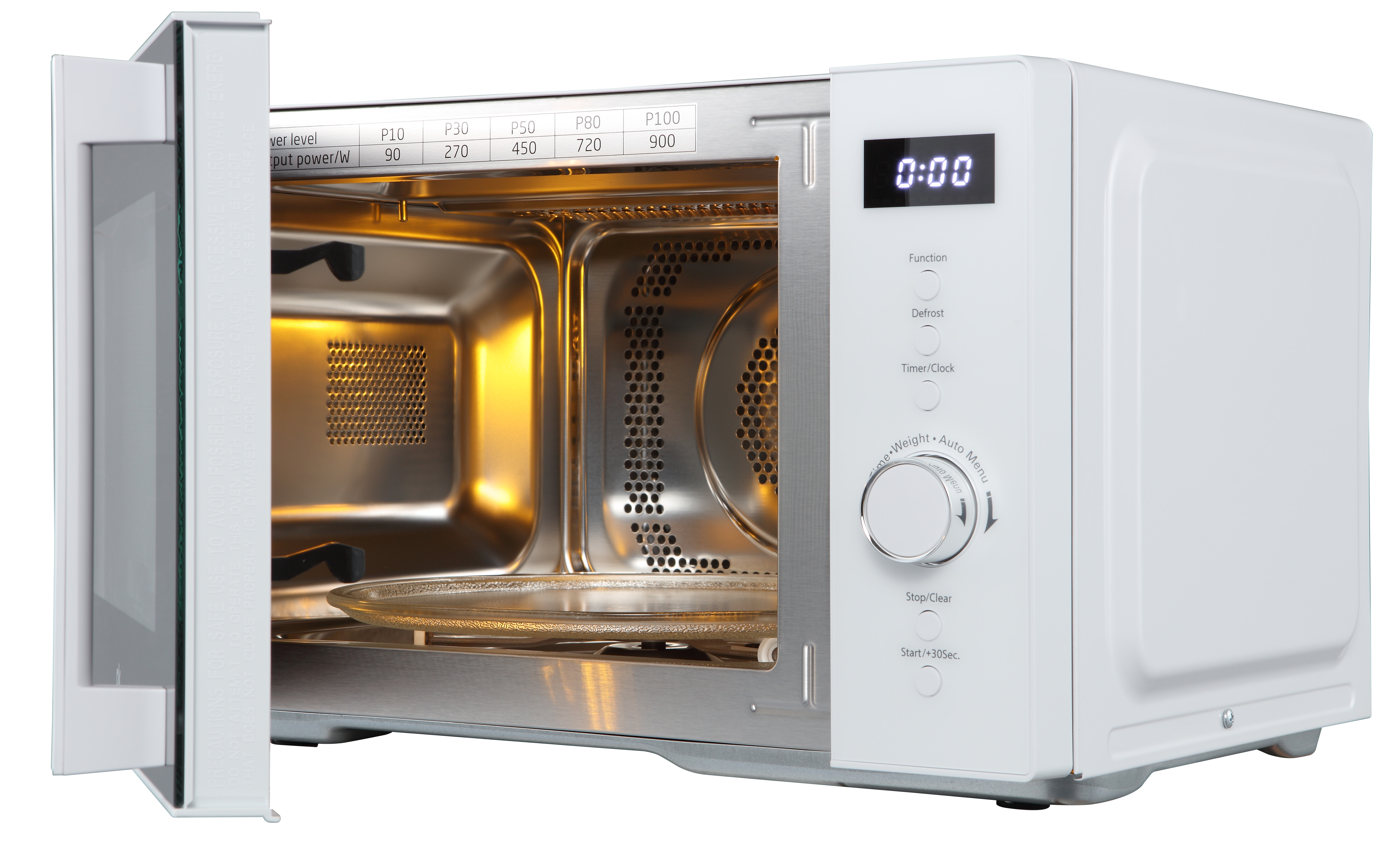 Biała kuchenka mikrofalowa z otwartymi drzwiami. Wnętrze jest srebrne i oświetlone.