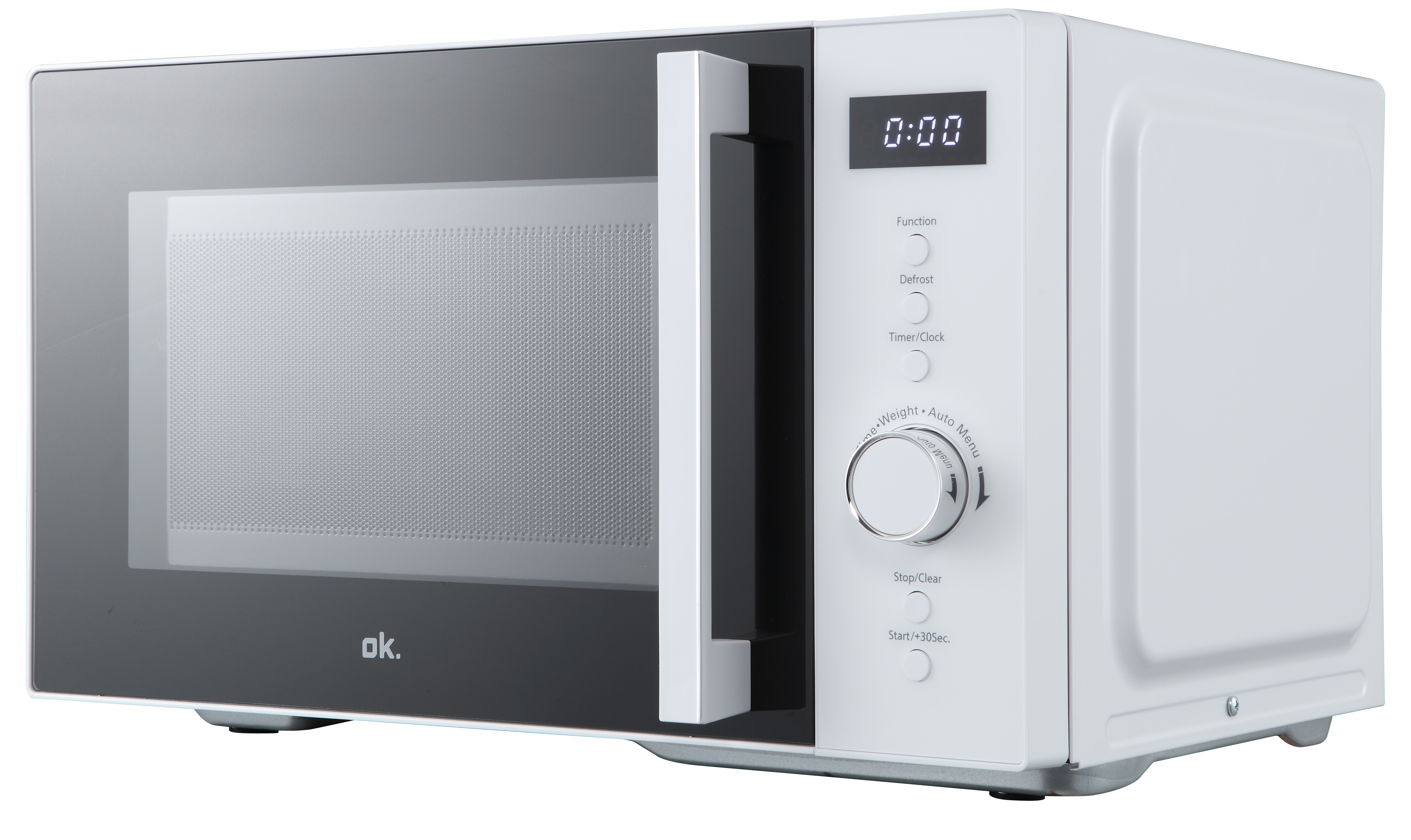 Biała kuchenka mikrofalowa z cyfrowym wyświetlaczem i przyciskami.