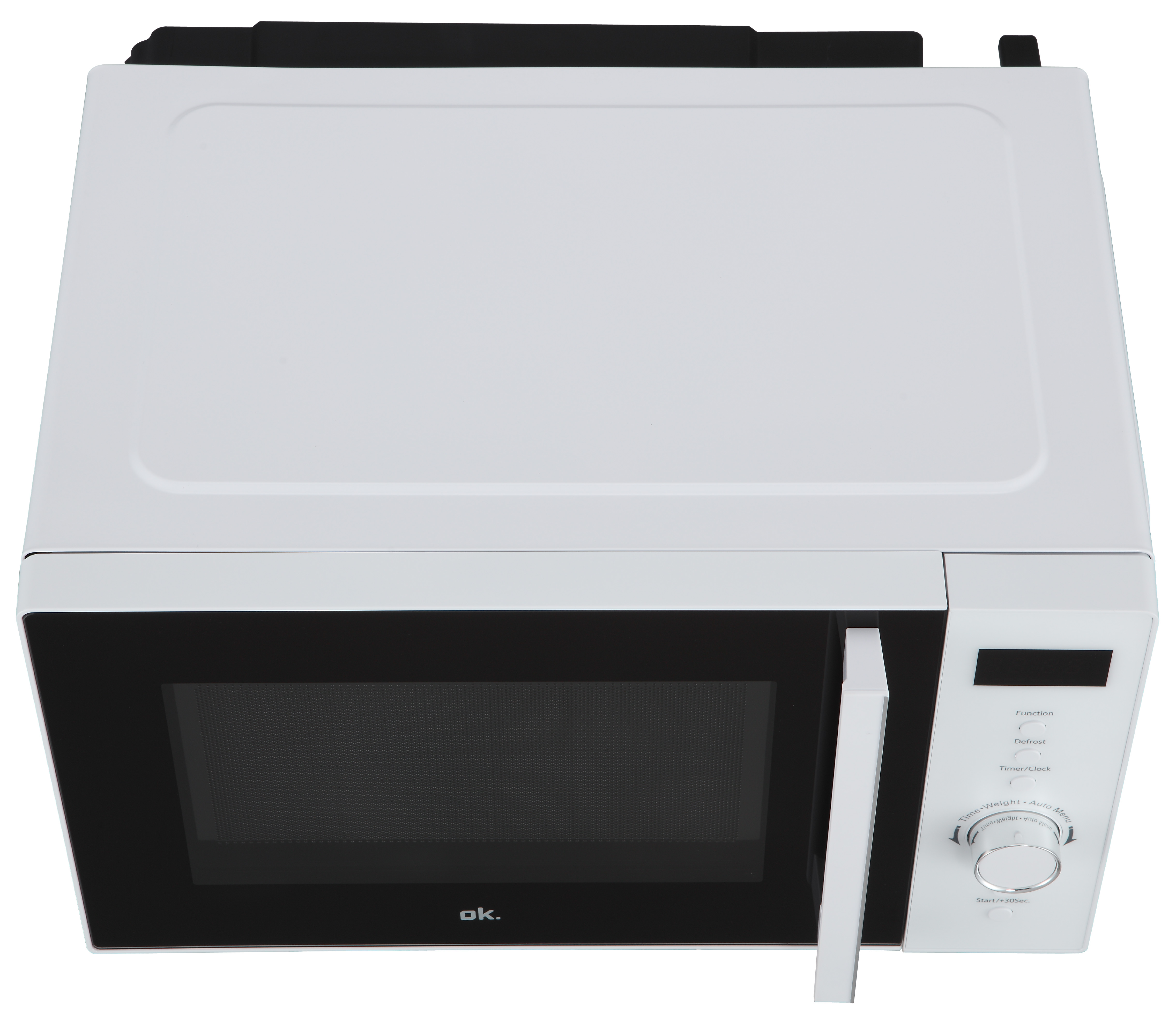 Biała kuchenka mikrofalowa z czarnymi drzwiami i panelem sterowania.