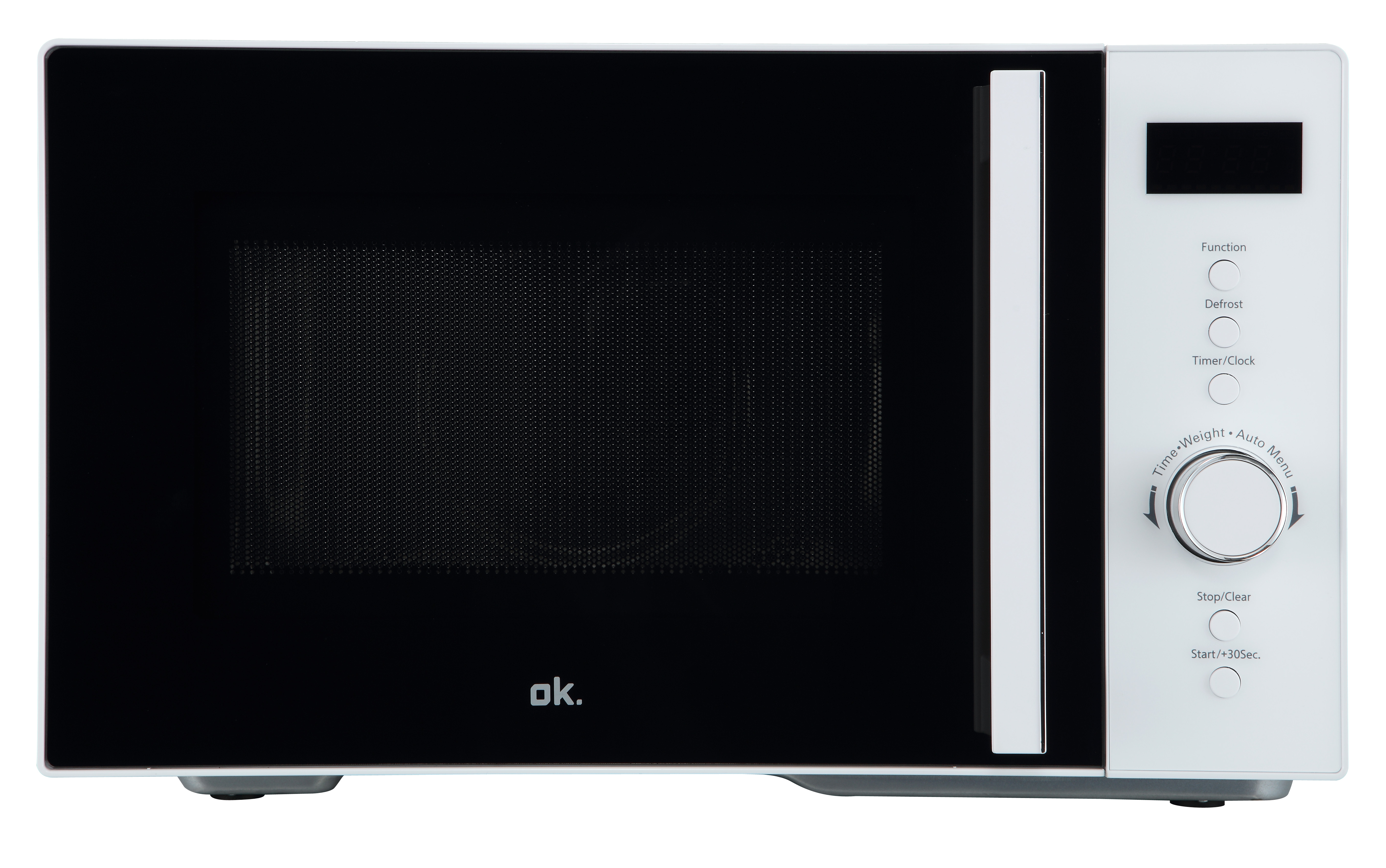 Biała kuchenka mikrofalowa z czarnymi drzwiami i panelem sterowania.