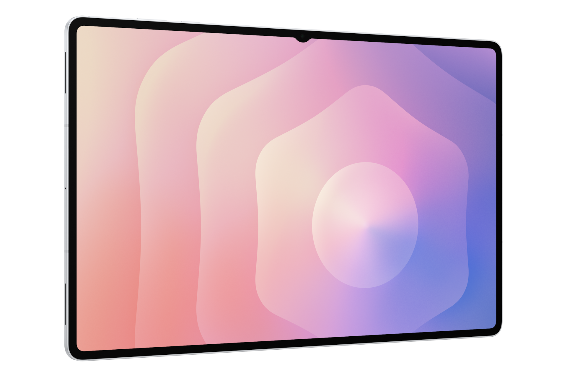 Srebrny tablet z gradientowym tłem przechodzącym od różu do fioletu.