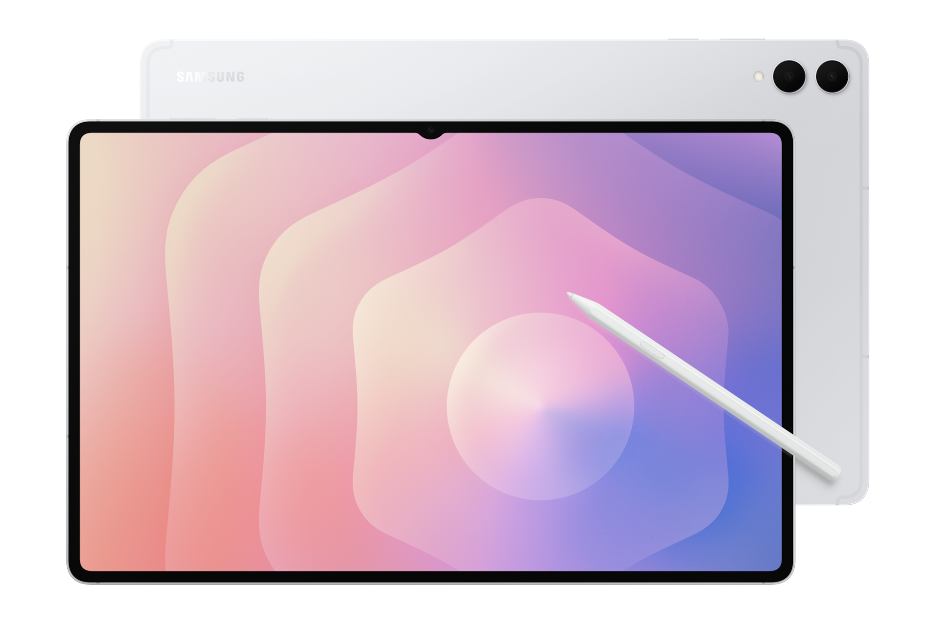 Biały tablet ze stylusem leży na kolorowym abstrakcyjnym tle.