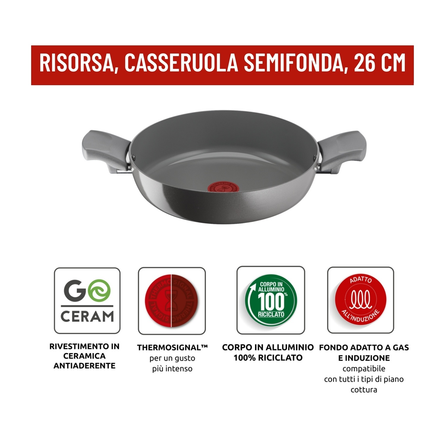 Casseruola grigia da 26 cm con due manici. Rivestimento ceramica, Thermosignal.