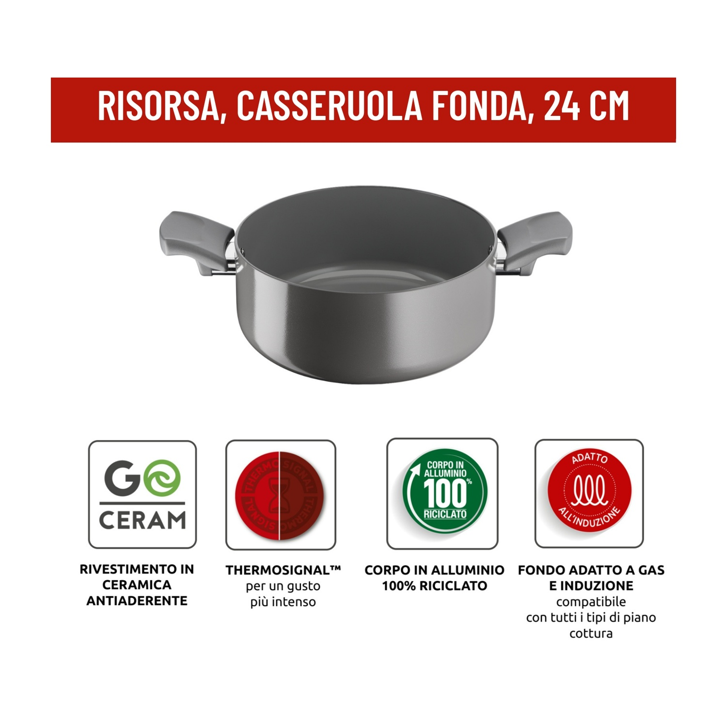 Casseruola grigia con due manici, 24 cm. Rivestimento ceramica, Thermo-Signal, corpo alluminio riciclato.