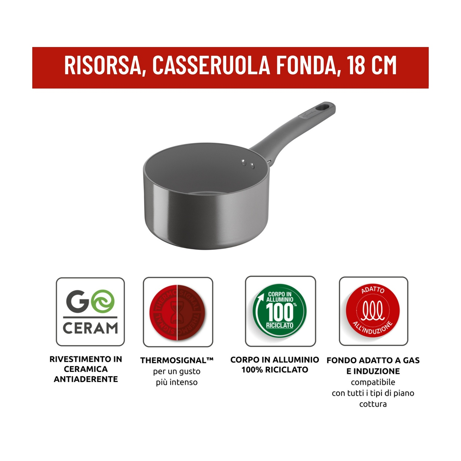 Casseruola grigia con manico, 18cm, con loghi per rivestimento ceramico, Thermosignal, alluminio riciclato e induzione.