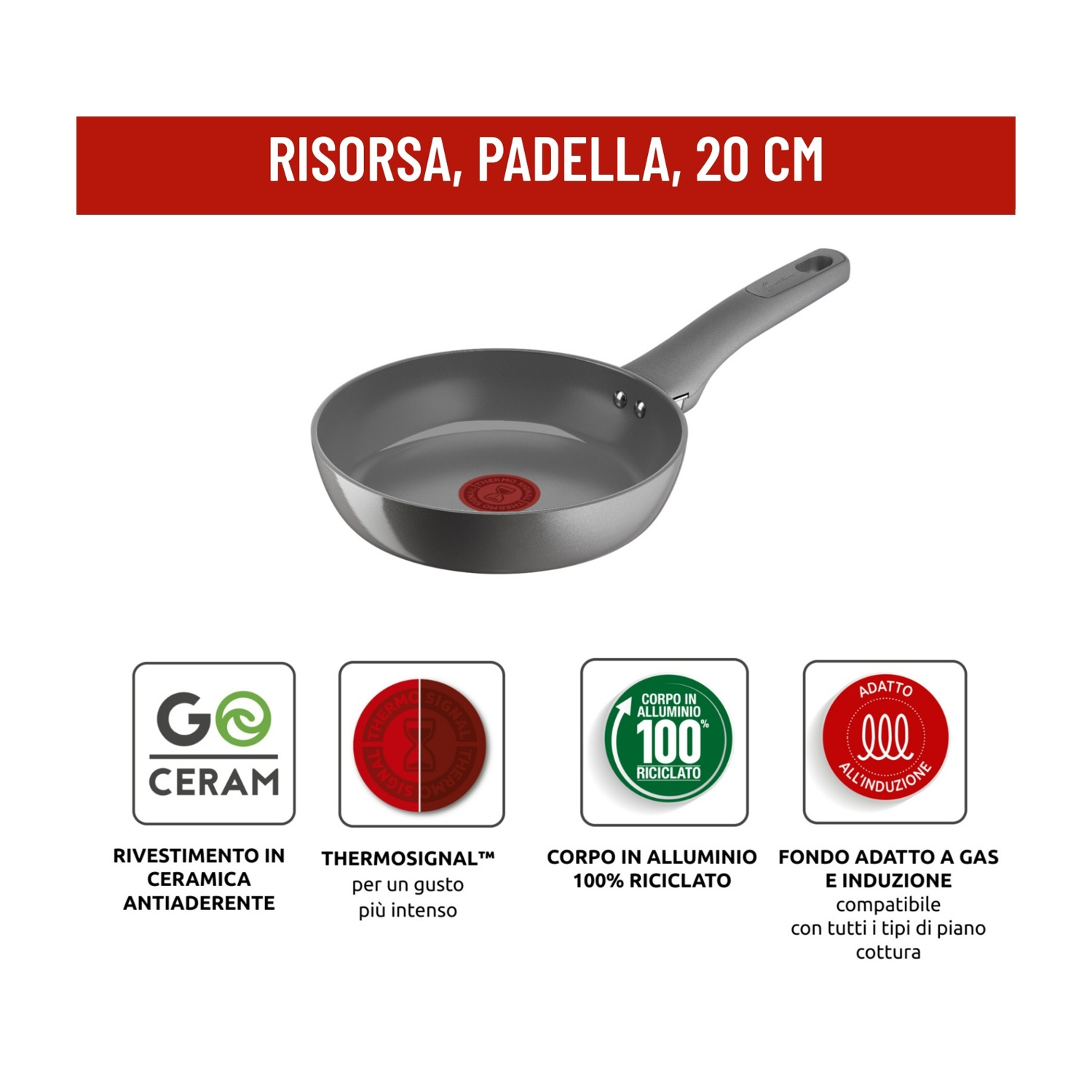 Padella grigia con manico, 20 cm, con icone rivestimento ceramica, Thermo-Signal.