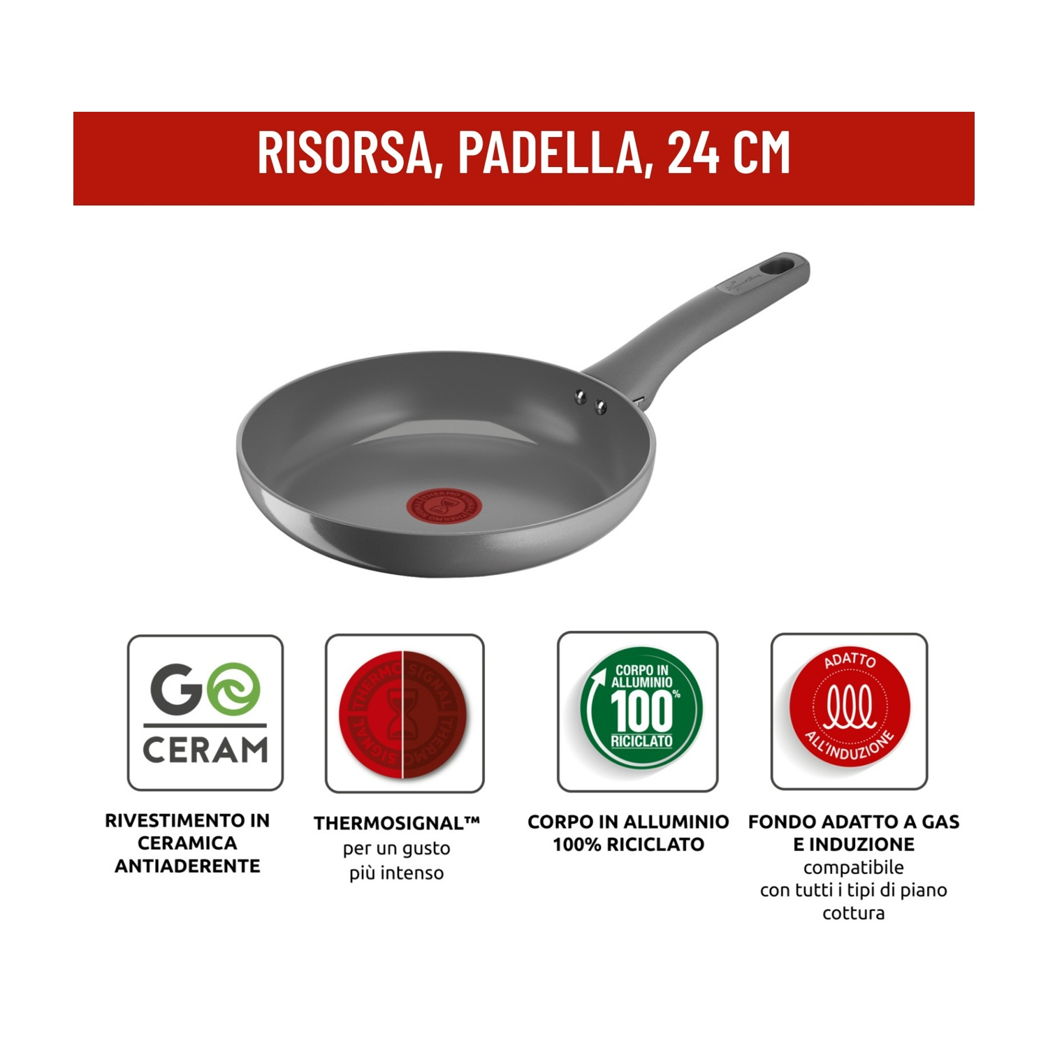 Padella grigia con manico nero, 24 cm, con loghi ceramica, Thermosignal e induzione.