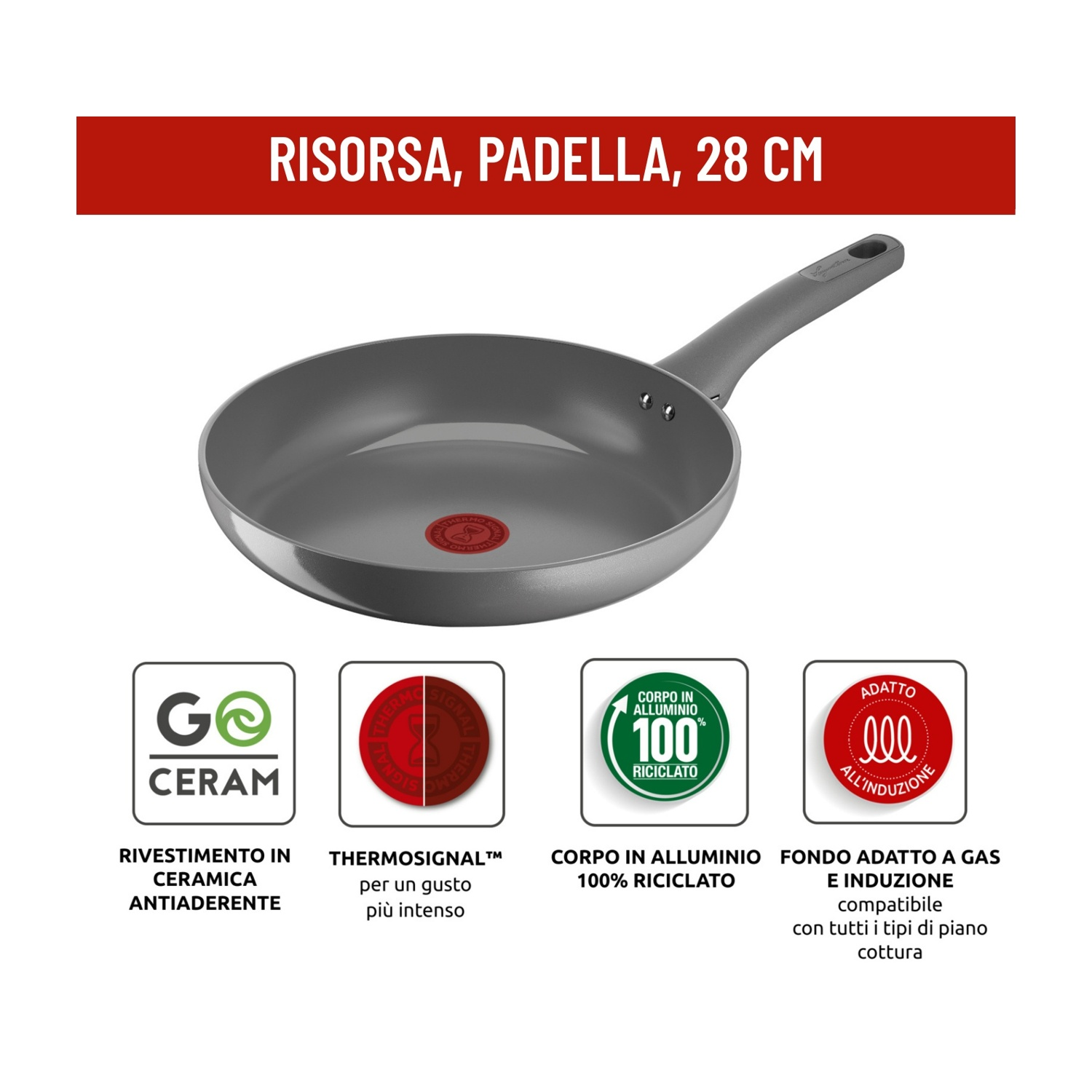 Padella grigia 28 cm con manico, con loghi per rivestimento ceramico e induzione.