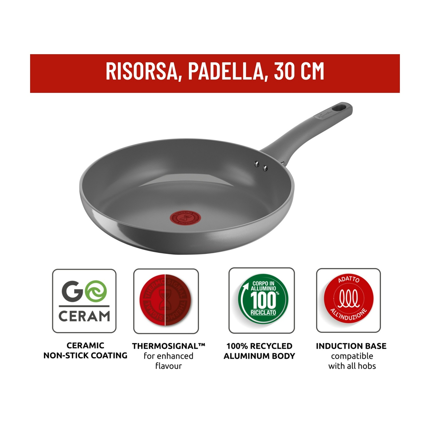 Una padella grigia da 30 cm con rivestimento ceramico e fondo a induzione.
