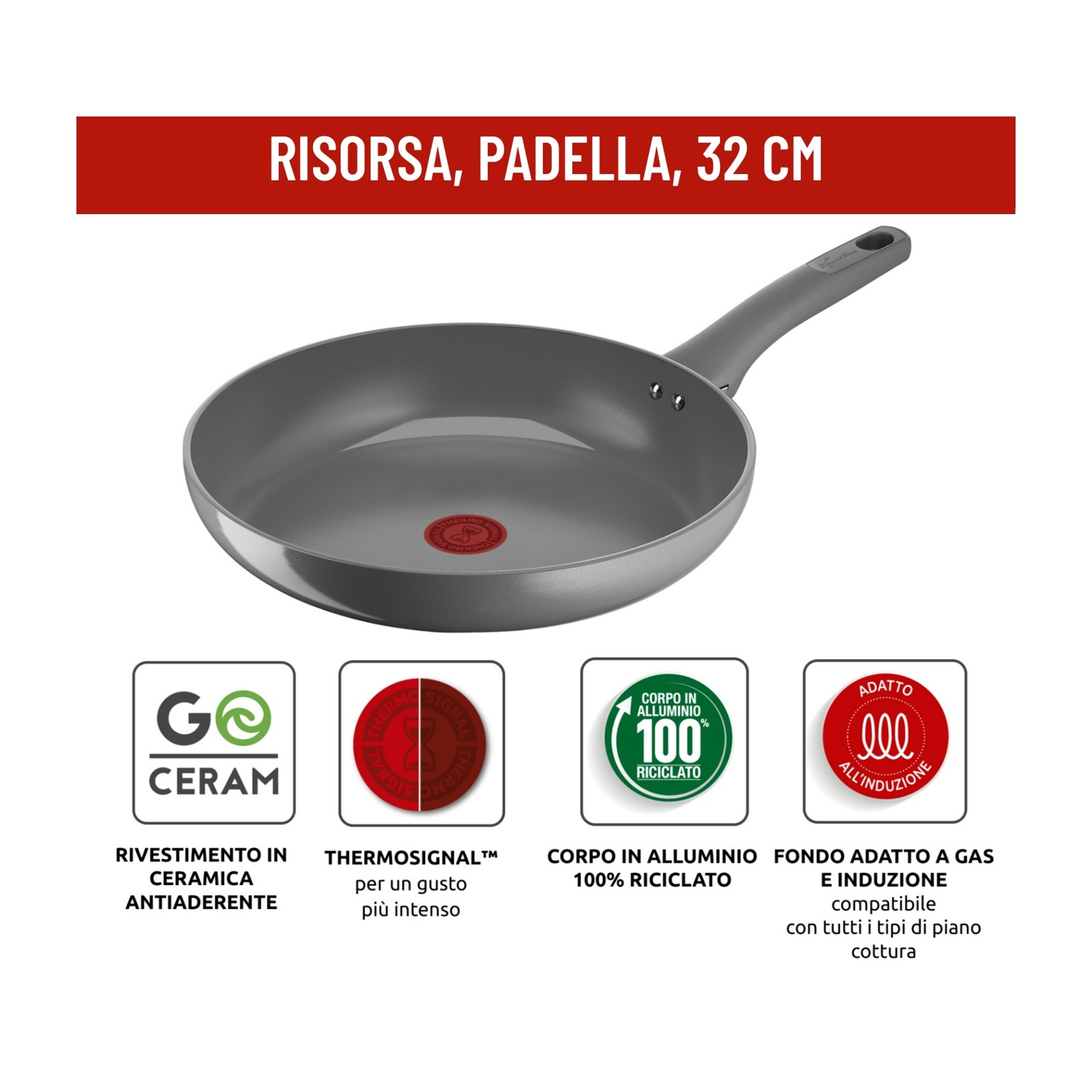 Padella grigia con manico nero e quattro loghi sotto.