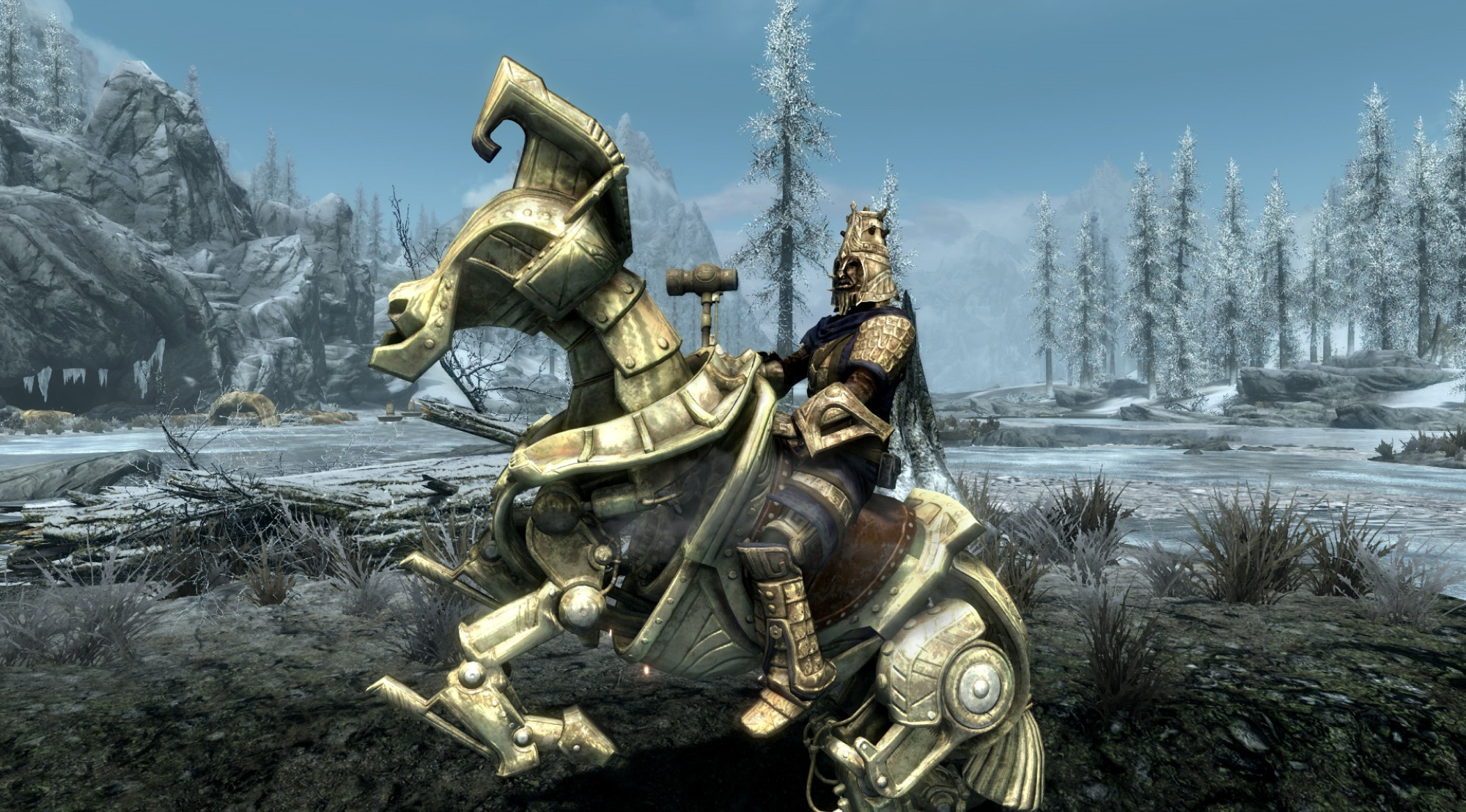 Ein Krieger in Rüstung reitet auf einem mechanischen Pferd in einer verschneiten Landschaft.