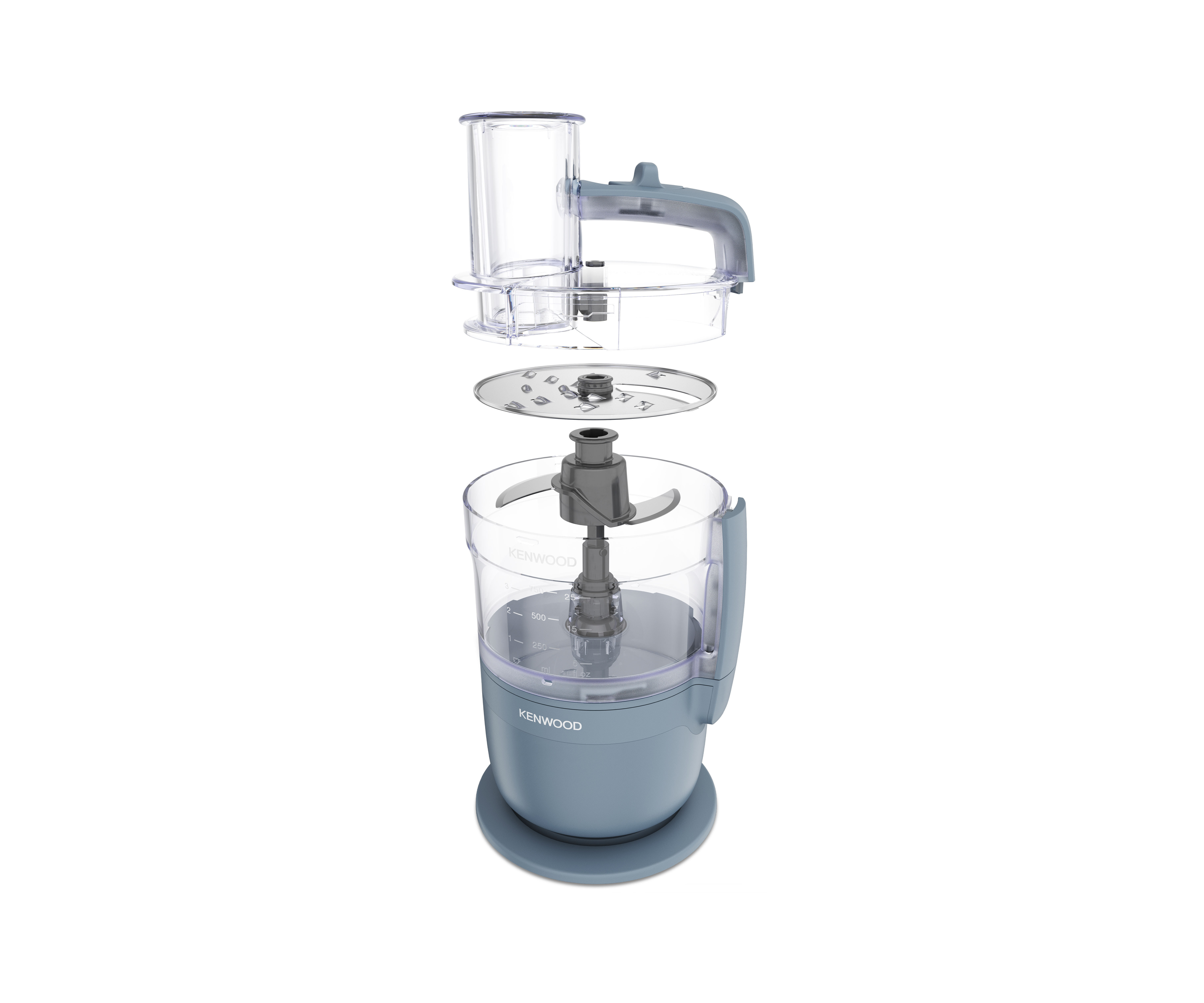 Ein zerlegter blauer Kenwood Food Processor mit Sterling-Klinge und Behälter.