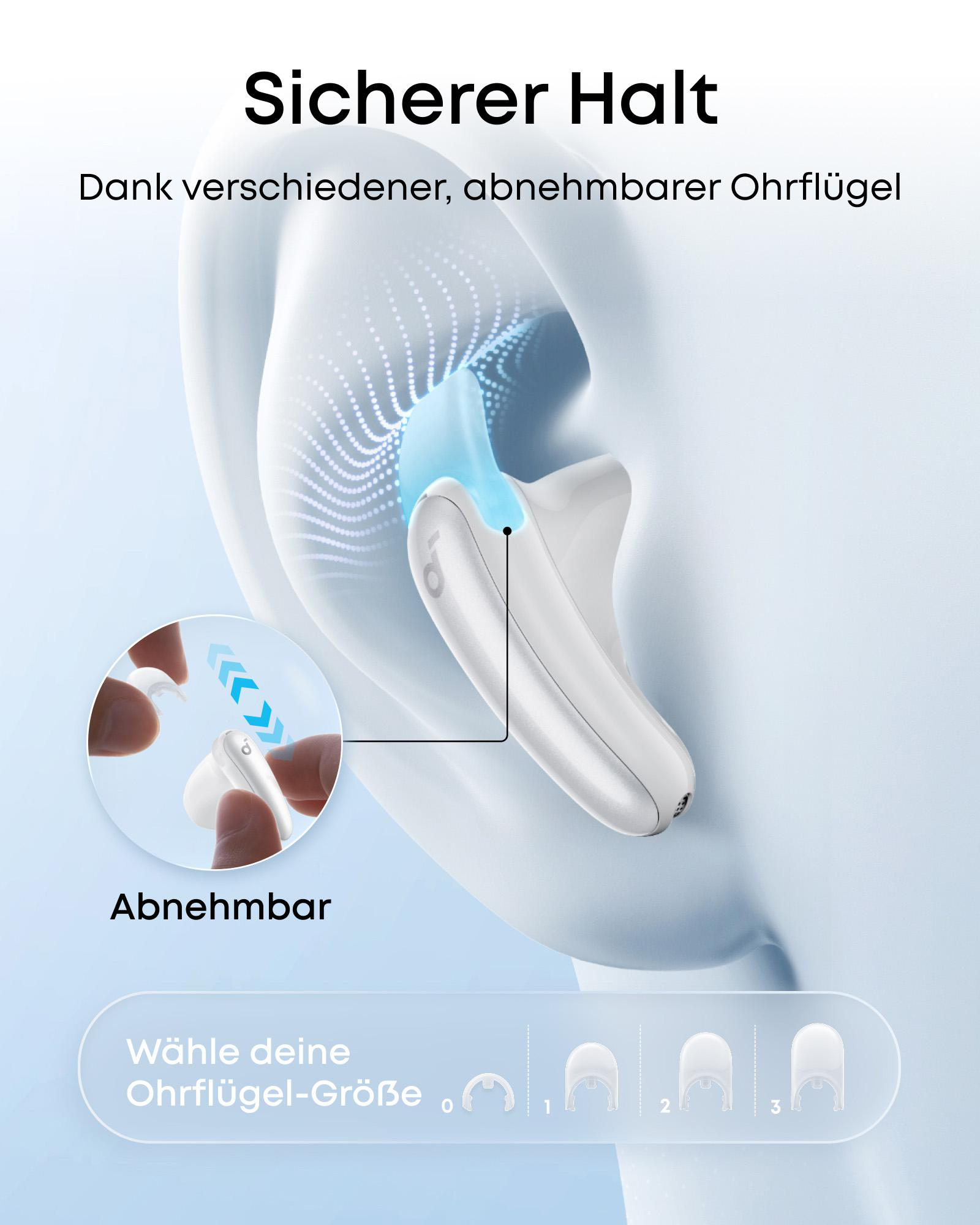Ein weißer Ohrhörer mit abnehmbaren Ohrflügeln in verschiedenen Größen.