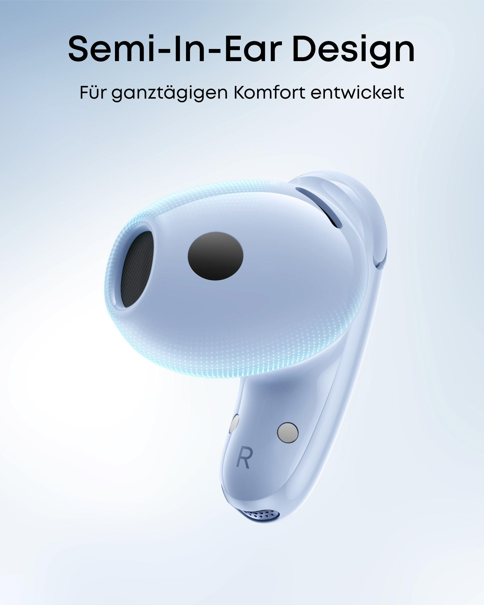 Ein hellblaues Semi-In-Ear-Kopfhörer, rechts mit 'R' gekennzeichnet.