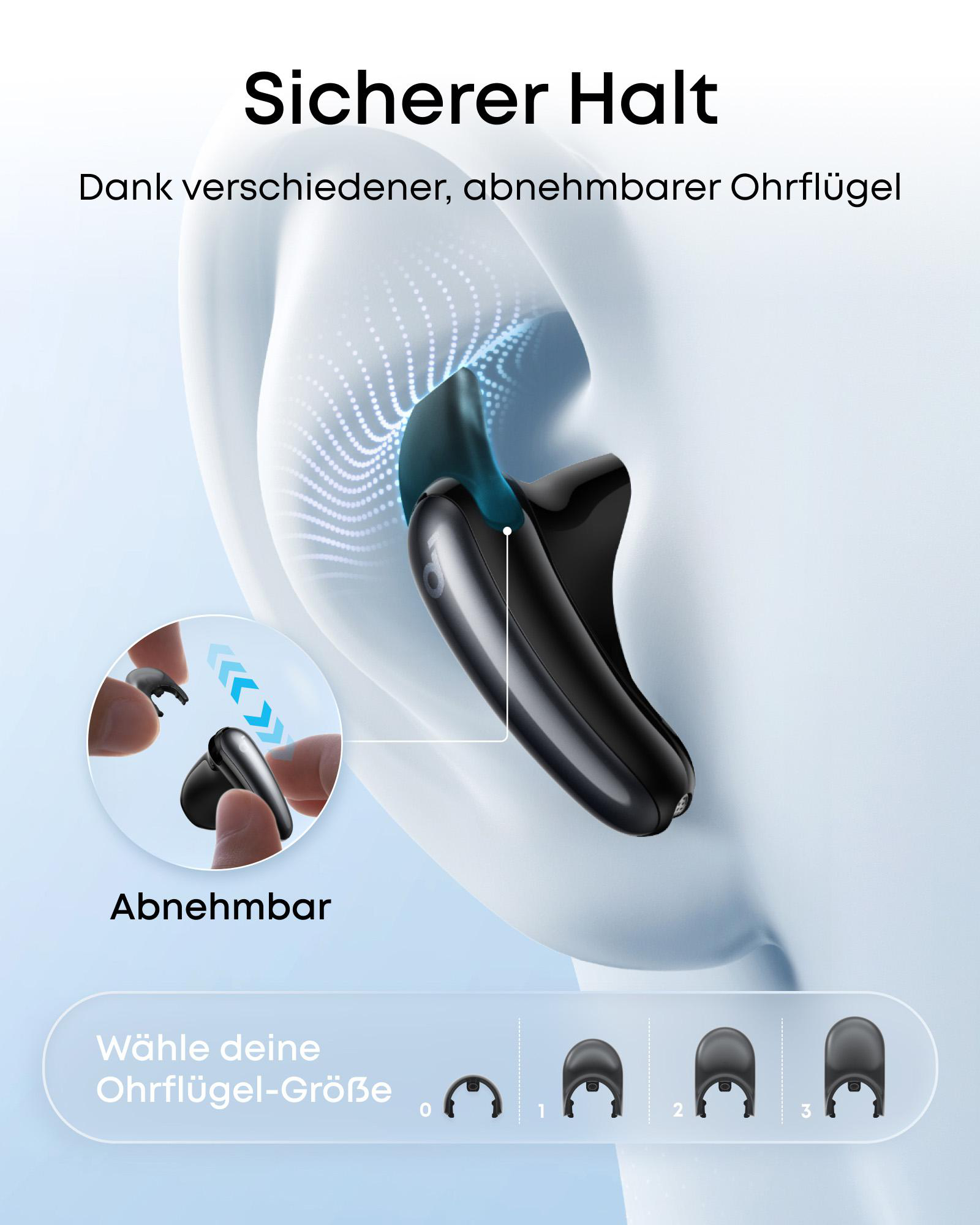 Schwarzer Ohrhörer mit abnehmbaren Flügeln in verschiedenen Größen.