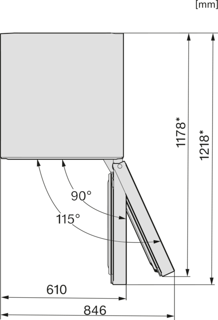 Technische Zeichnung mit Maßen für einen geöffneten Klappmechanismus.