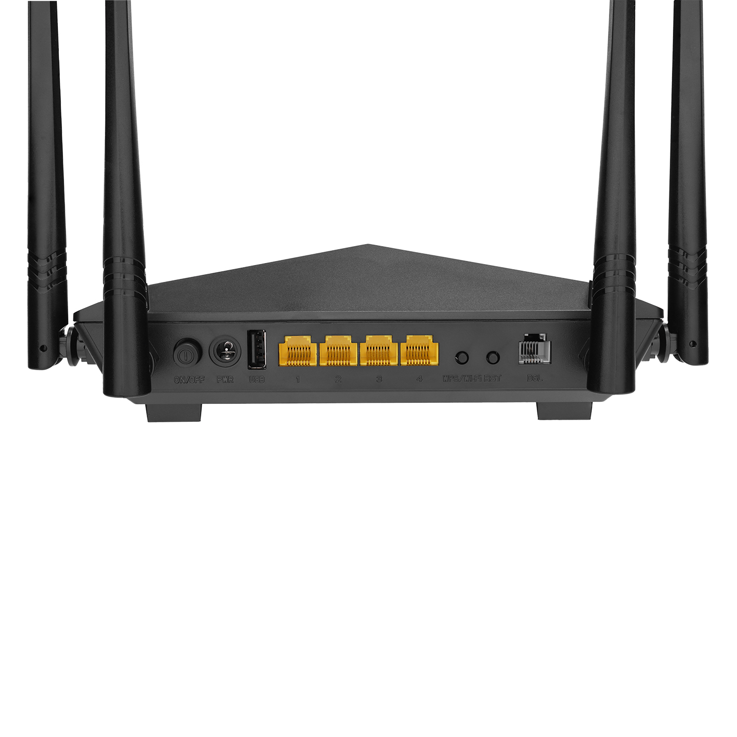 Dört antenli siyah yönlendirici ve portlar: AÇIK/KAPALI, PWR, USB, 4x LAN, WPS/Wi-Fi RST, DSL.
